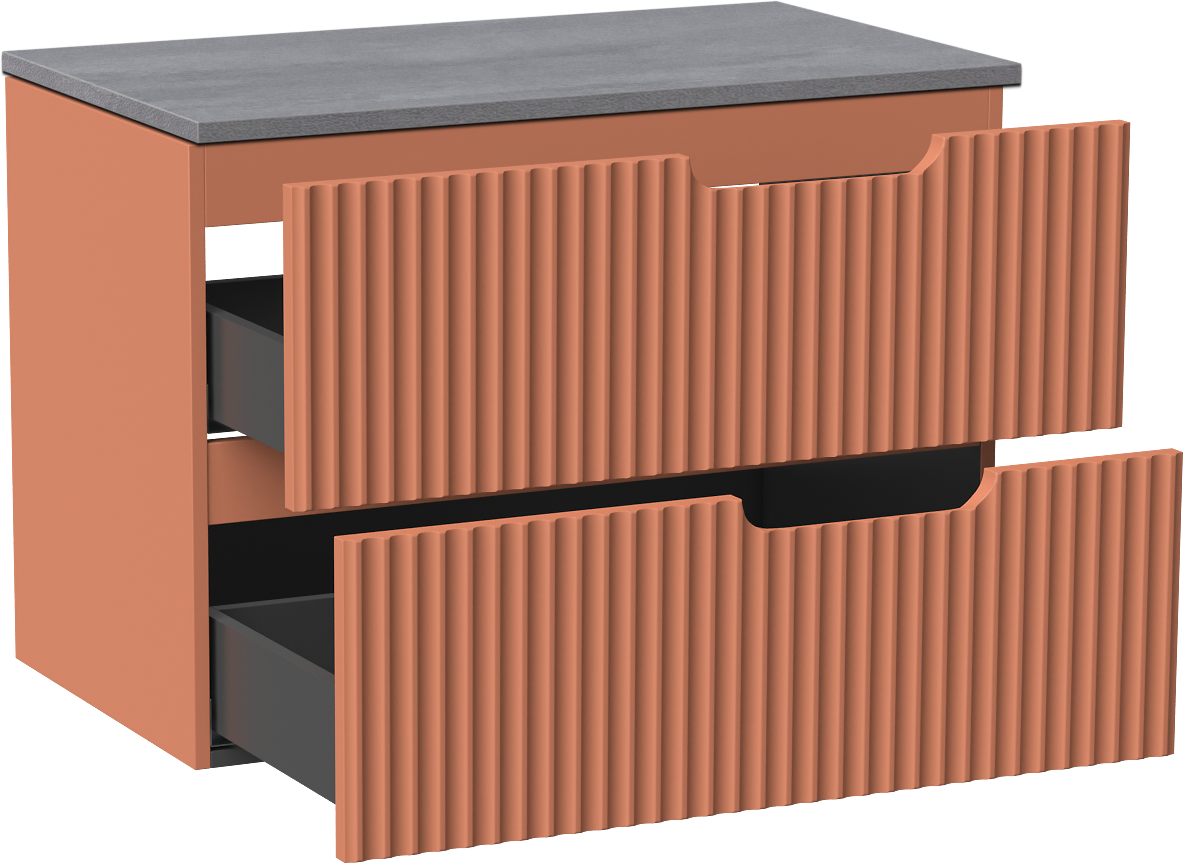 Linie Ribbo zwevend badmeubel 80 x 46 cm cotto met Lado enkel wastafelblad in melamine beton donkergrijs, Verticale symmetrische ronde ribbel