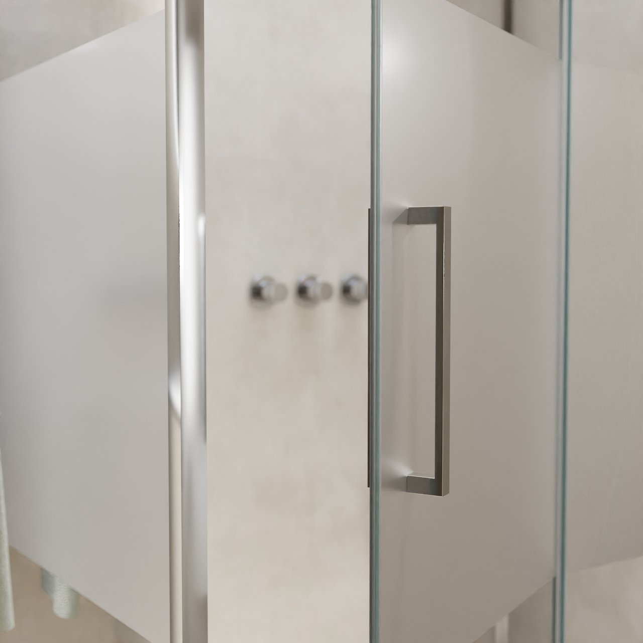 Balmani Senses Design Eckdusche: Drehtür (Rechts) mit fixierte Seitenwand, 140 x 90 cm, Klarglas mit mattiertem Streifen, Profil Chrom