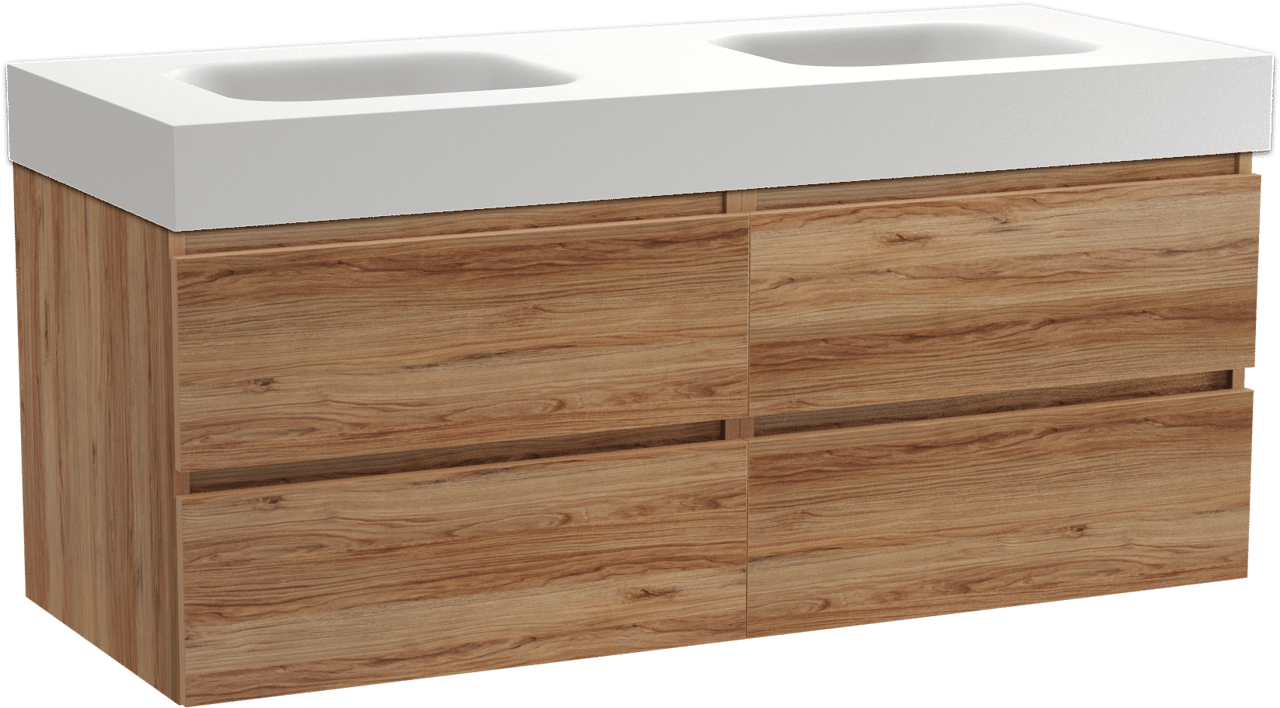 Balmani Lucida meuble salle de bains suspendu 135 x 55 cm teck avec Arcato double vasque en solid surface blanc mat