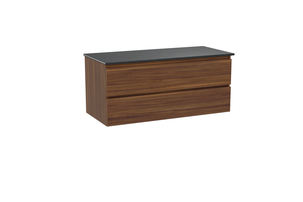 Balmani Lucida hängendes Möbelstück Set: 120 x 55 cm, Amerikanischer Nussbaum, mit Stretto Einzel Waschtischplatte, Schwarzes Granit