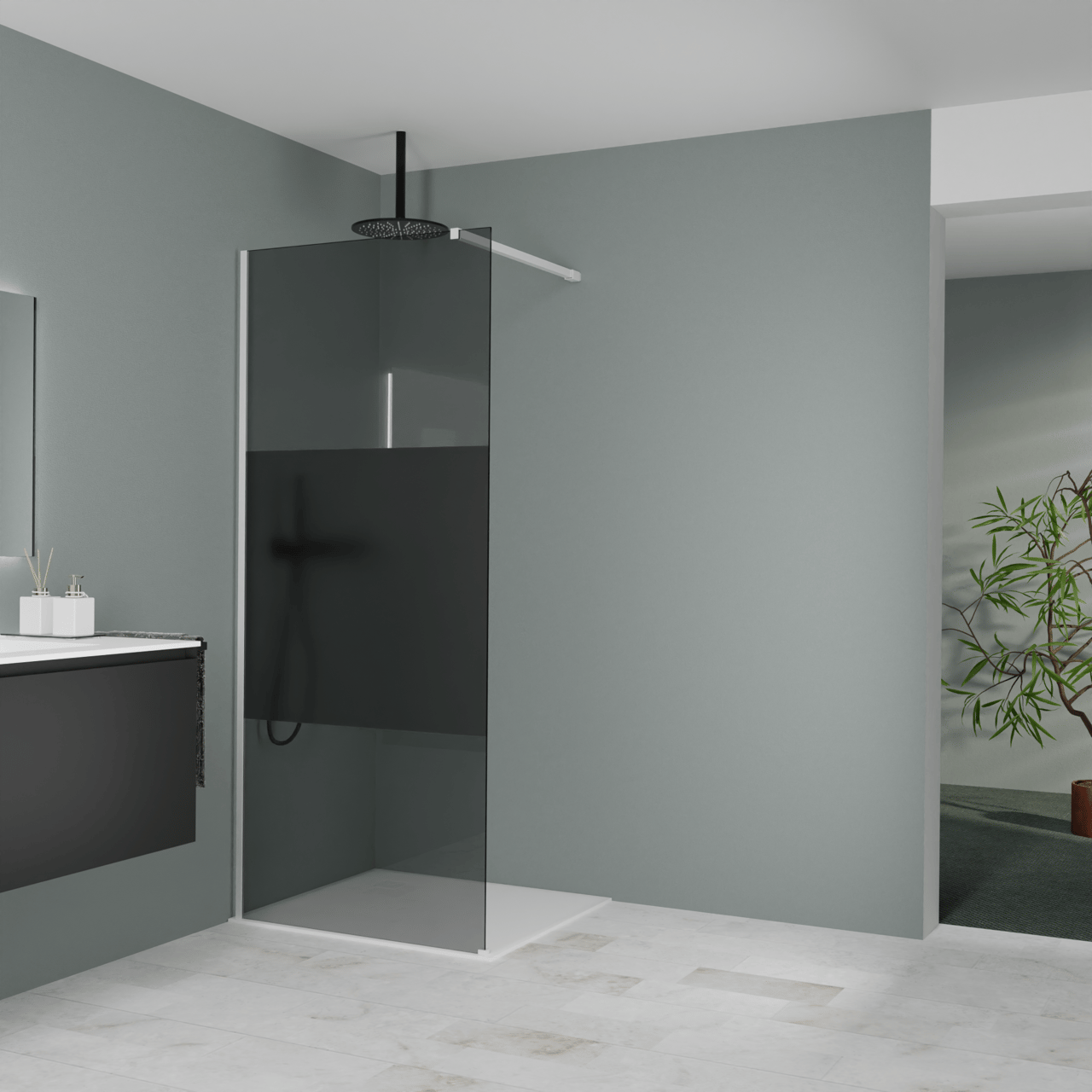 Balmani Modular douche à l'italienne: 90 x 200 cm, Verre fumé avec bande mate, avec coating, Profil Blanc mat