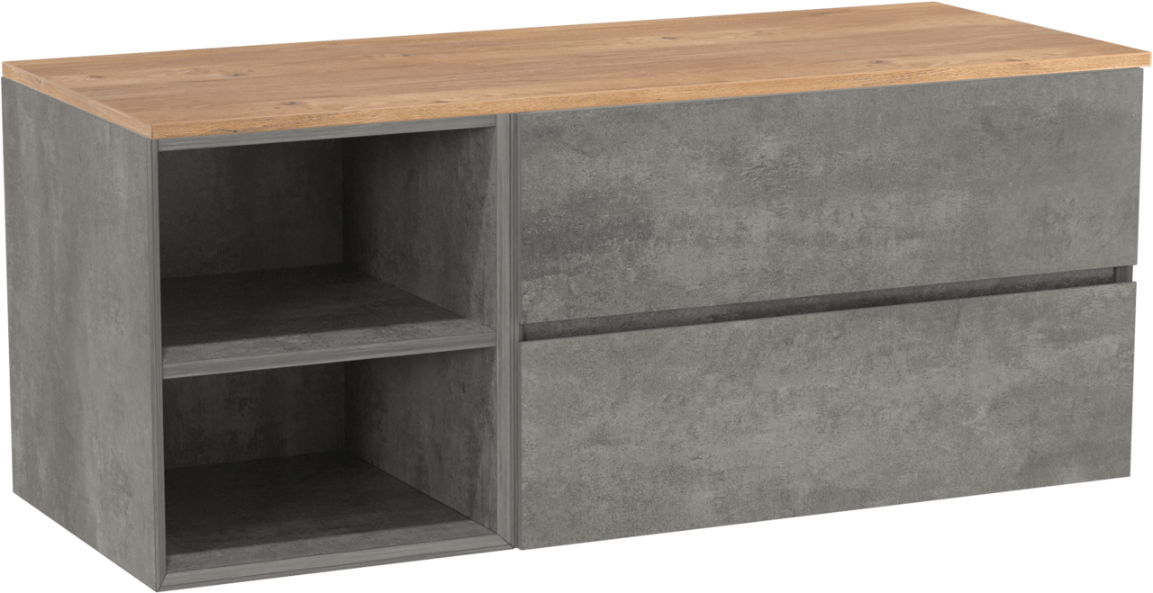 Storke Edge zwevend badkamermeubel 130 x 52 cm beton donkergrijs met Panton enkel of dubbel tablet in melamine ruwe eik