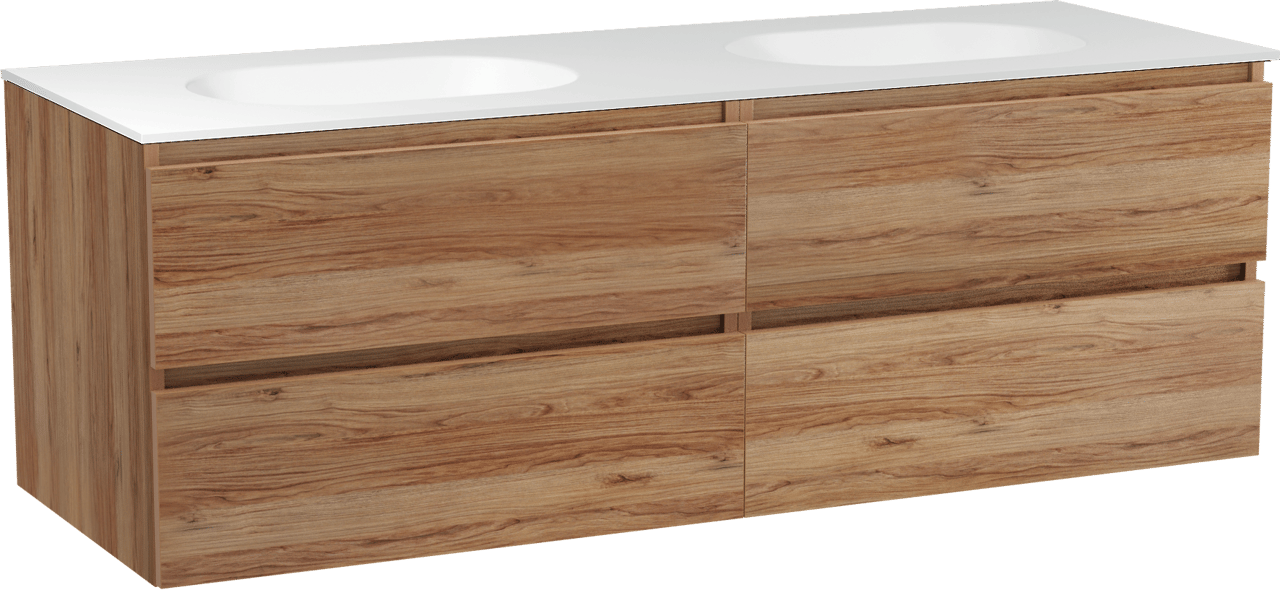 Balmani Lucida meuble salle de bains suspendu 150 x 55 cm teck avec Tablo Oval double vasque en solid surface blanc mat