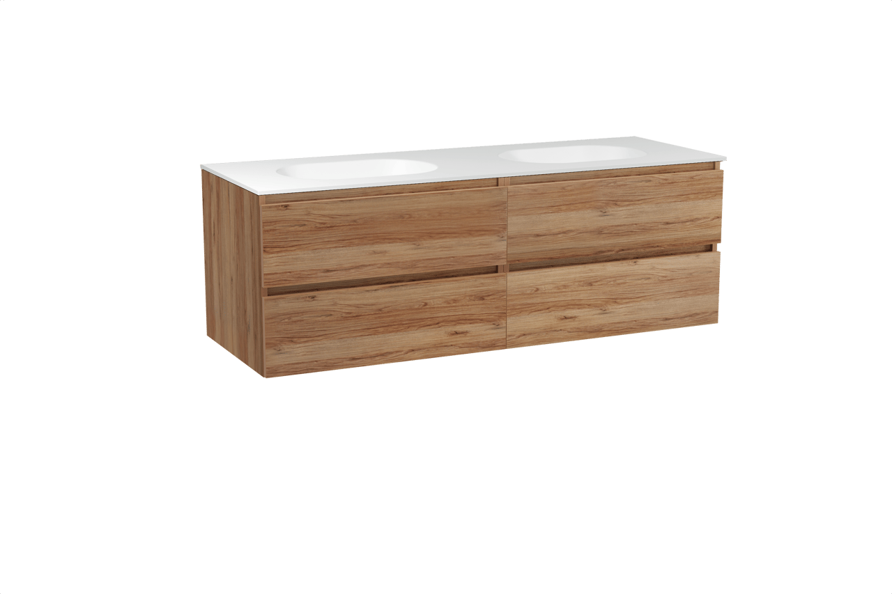 Balmani Lucida meuble salle de bains suspendu 150 x 55 cm teck avec Tablo Oval double vasque en solid surface blanc mat