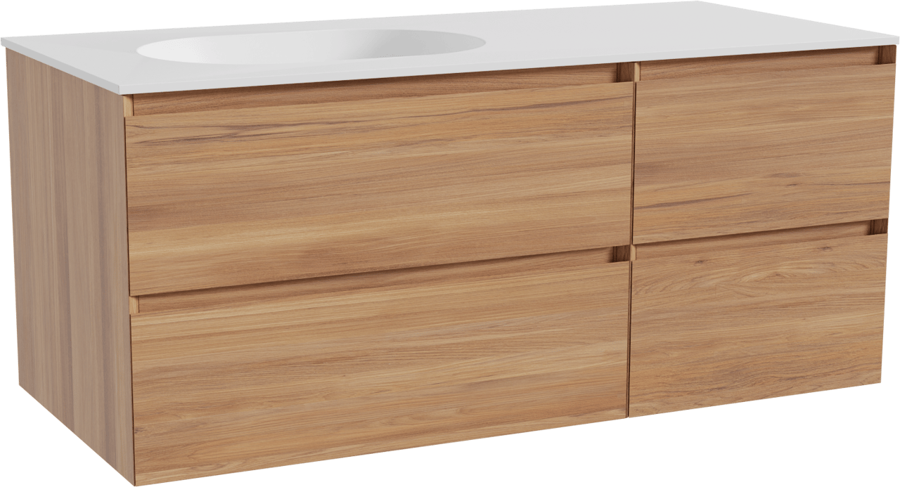 Balmani Mitra hängendes Möbelstück Set: 120 x 55 cm, Teak, mit Tablo Oval Waschtisch links, Solid Surface Weiß matt