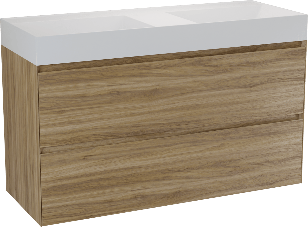 Balmani Mitra Compact meuble salle de bains suspendu 120 x 46 cm chêne sauvage avec Argila double vasque en marbre composite blanc brillant