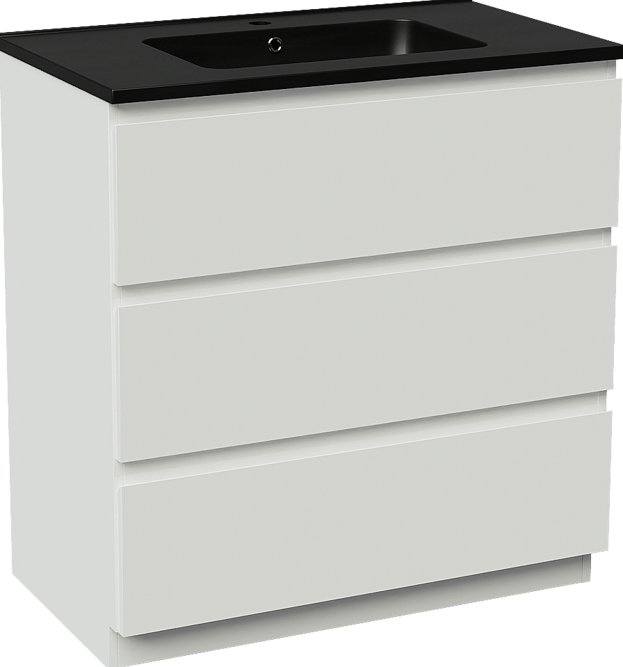 Linie Lado freistehendes Möbelstück Set: 80 x 46 cm, Weiß glänzend, mit Vano Einzelwaschtisch, Marmorkomposit Schwarz matt
