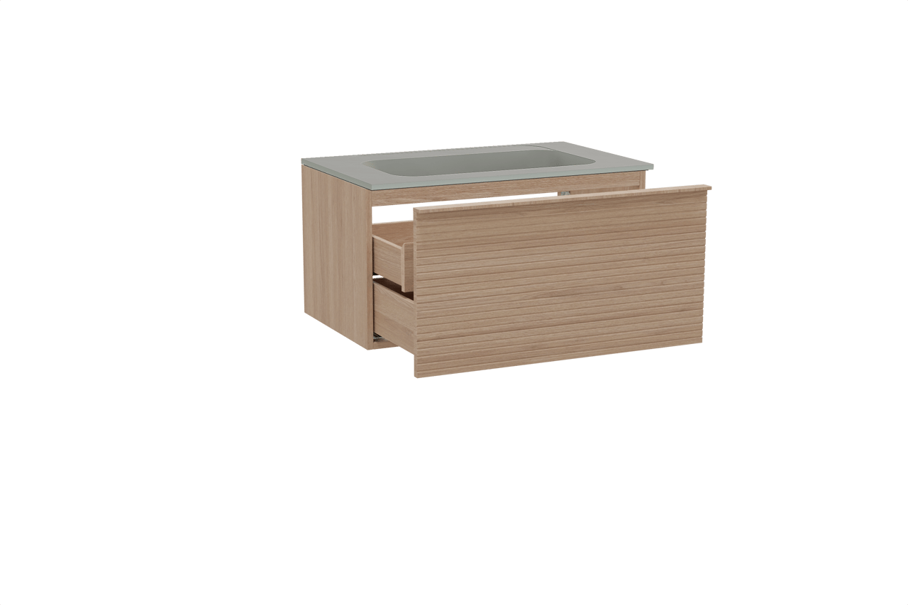 Balmani Forma hängendes Möbelstück Set: 90 x 55 cm, Naturbelassene Eiche, mit Tablo Strada Einzelwaschtisch, Marmorkomposit, Seidengrau, Horizontale symmetrische gerade Rippe