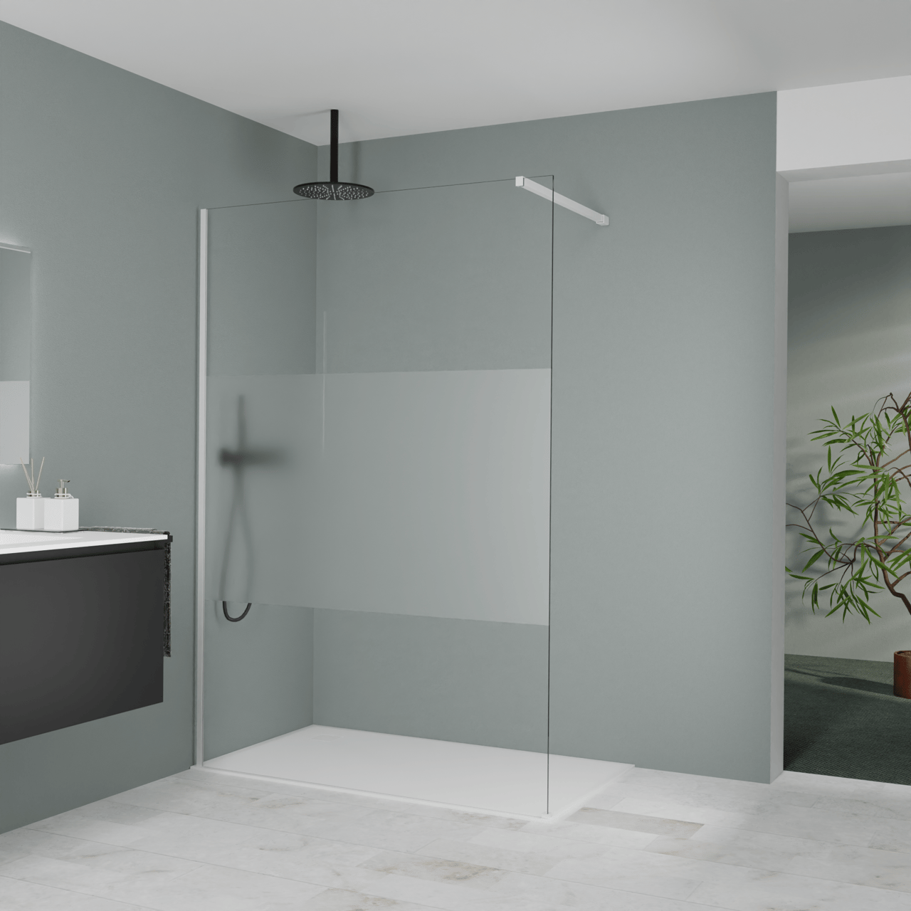 Balmani Modular inloopdouche: 140 x 200 cm, Helder glas met matte strook met coating, Mat witte profielen