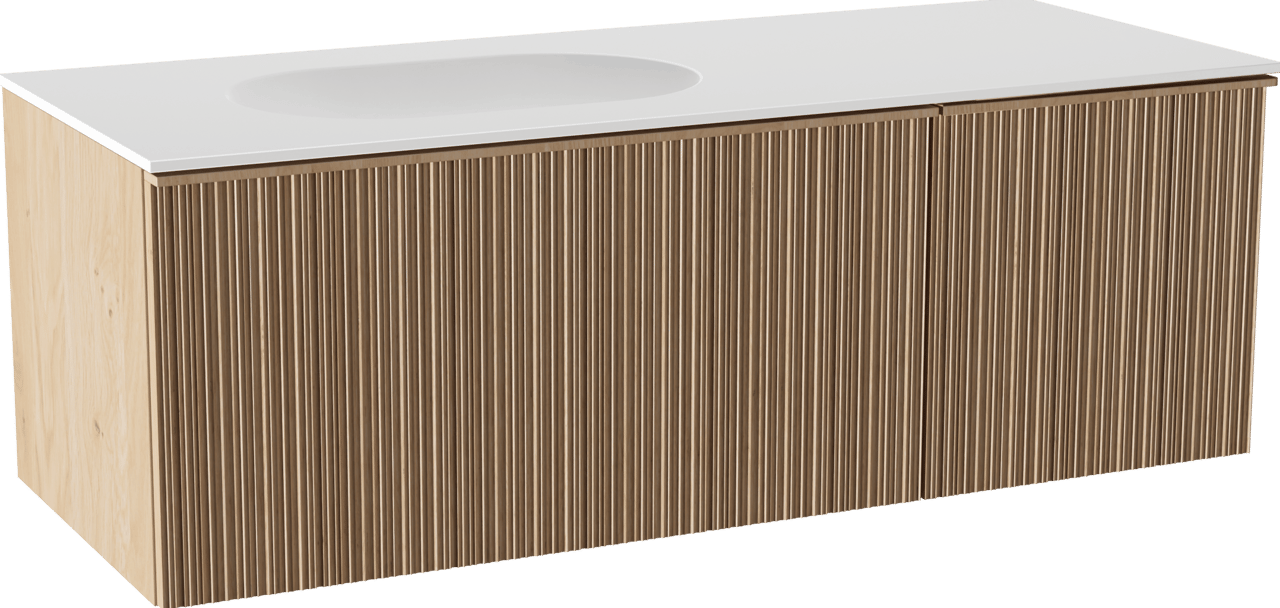 Balmani Forma hängendes Möbelstück Set: 135 x 55 cm, Naturbelassene Eiche, mit Tablo Oval Waschtisch links, Solid Surface, Weiß matt, Vertikale asymmetrische Runde Rippe