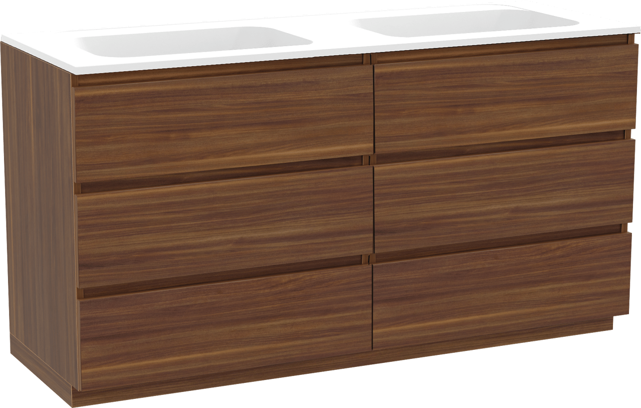 Balmani Lucida staand badmeubel 150 x 55 cm amerikaans notenhout met Tablo Strada dubbele wastafel in composietmarmer mat wit