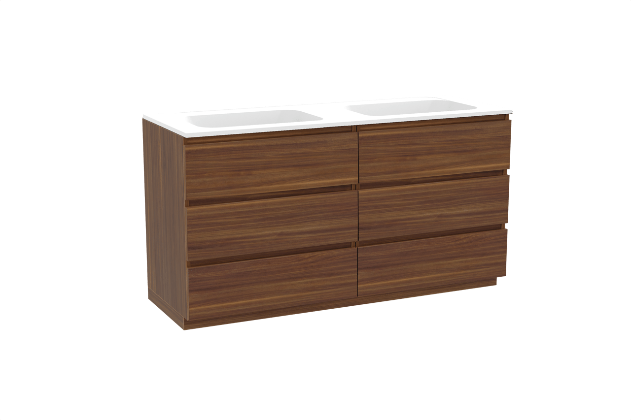 Balmani Lucida freistehendes Möbelstück Set: 150 x 55 cm, Amerikanischer Nussbaum, mit Tablo Strada Doppelwaschtisch, Marmorkomposit Weiß matt