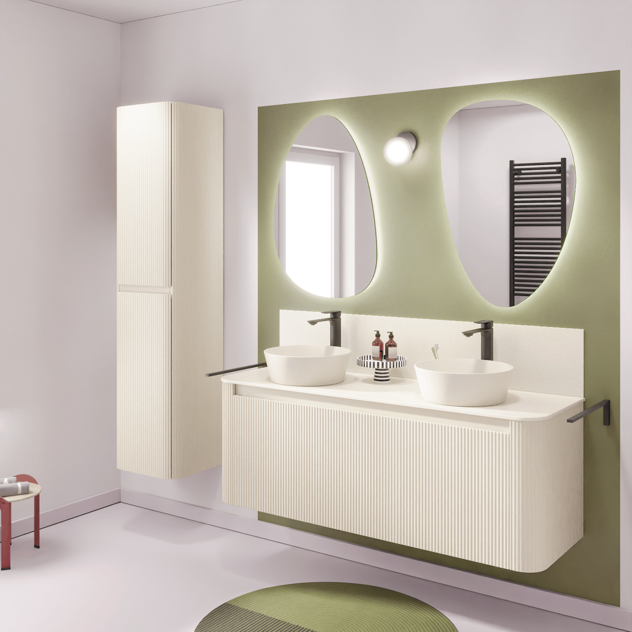 Storke Soft hängendes Möbelstück Set: 120 x 46 cm, Sand Matt, mit Tavola Soft Einzel- oder Doppel Waschtischplatte Solid Surface Beige Granit, Vertikale symmetrische gerade Rippe