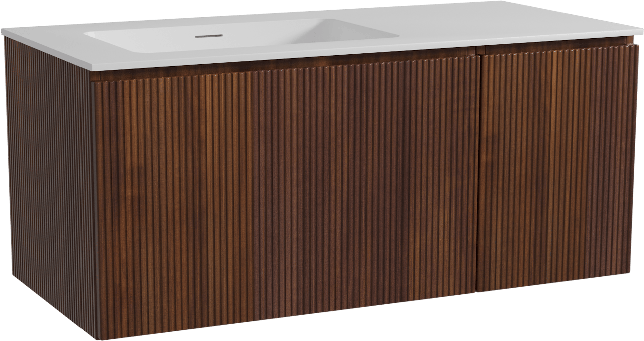 Storke Ribs zwevend badmeubel 110 x 52 cm notenhout met Mata asymmetrisch linkse wastafel in solid surface mat wit, Verticale symmetrische rechte ribbel