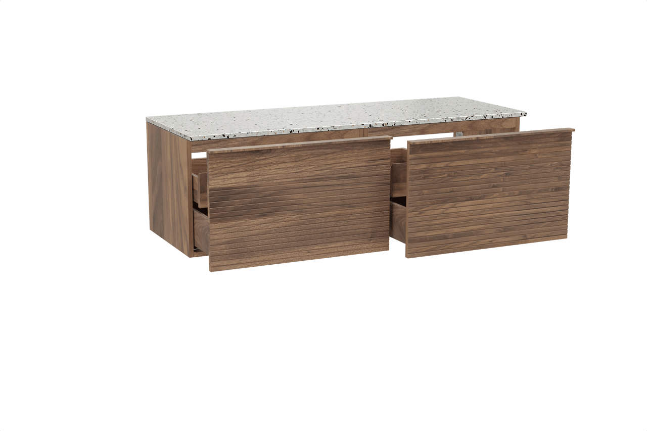 Balmani Forma zwevend badmeubel 150 x 55 cm amerikaans notenhout met Stretto enkel of dubbel wastafelblad in mat wit/zwart terrazzo, Horizontale symmetrische rechte ribbel