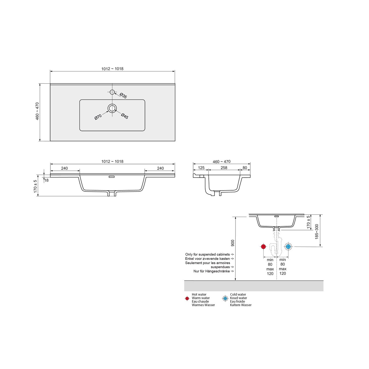 Linie Baro enkele wastafel Mat Zwarte porselein 100 x 46 cm