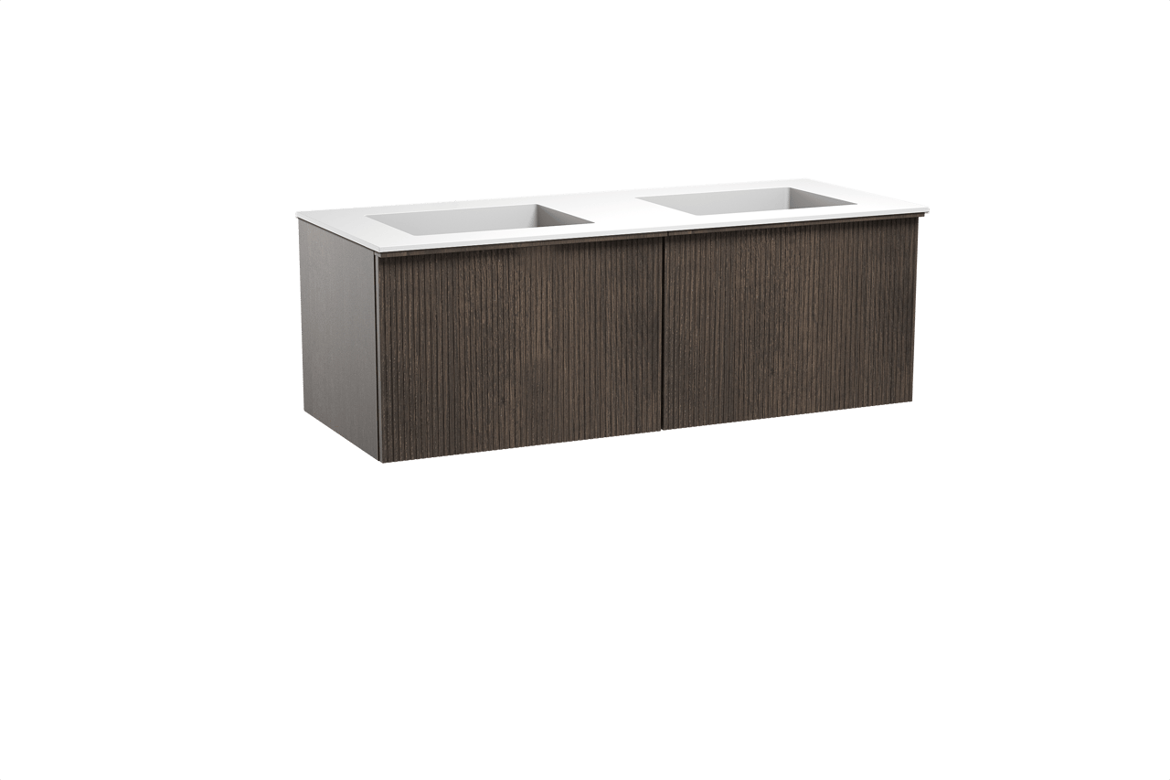 Balmani Forma hängendes Möbelstück Set: 135 x 55 cm, Geräucherte Eiche, mit Tablo Stretto Doppelwaschtisch, Solid Surface, Weiß matt, Vertikale symmetrische gerade Rippe