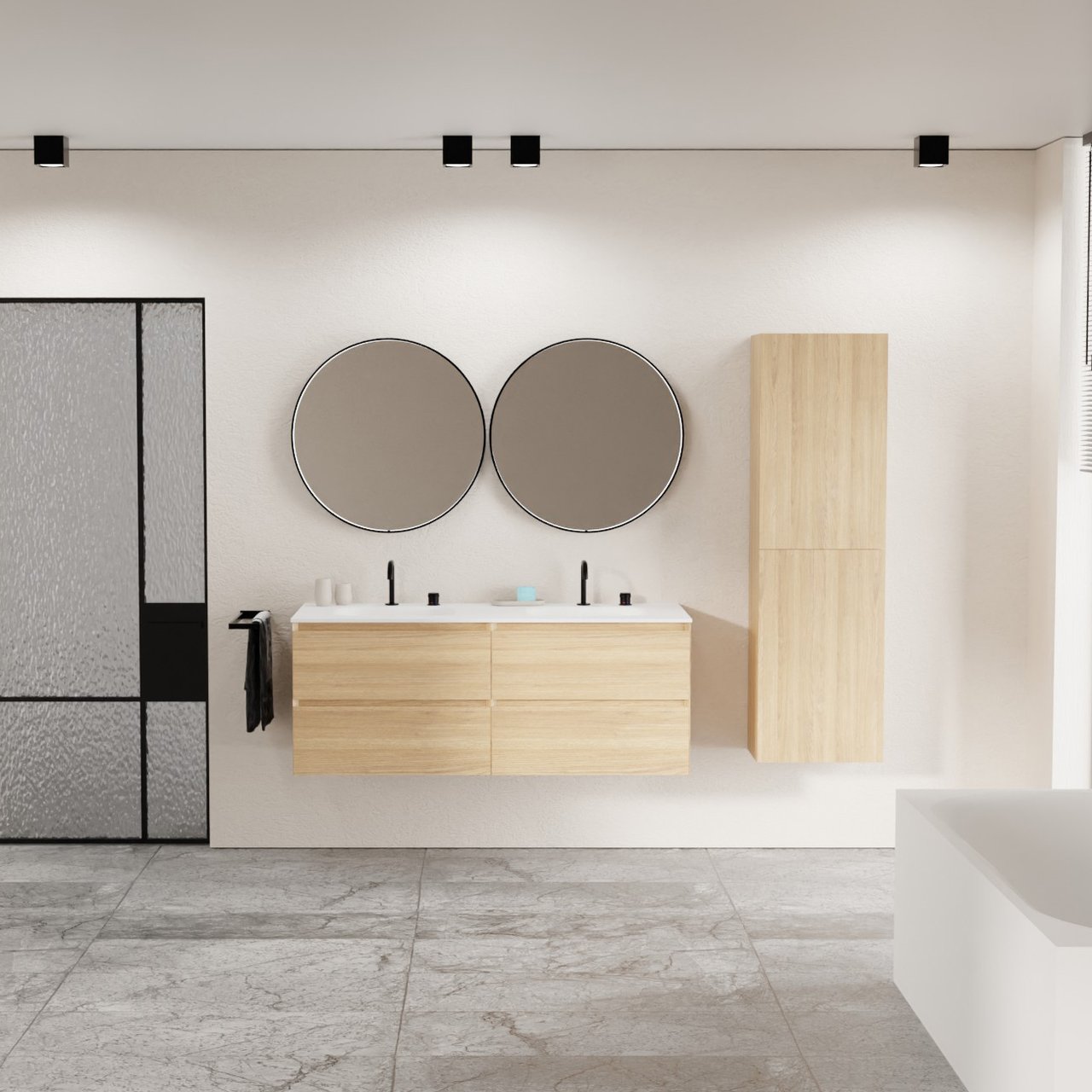 Balmani Mitra zwevend badkamermeubel 135 x 55 cm natuur eik met Tablo Arcato dubbele wastafel in solid surface mat wit