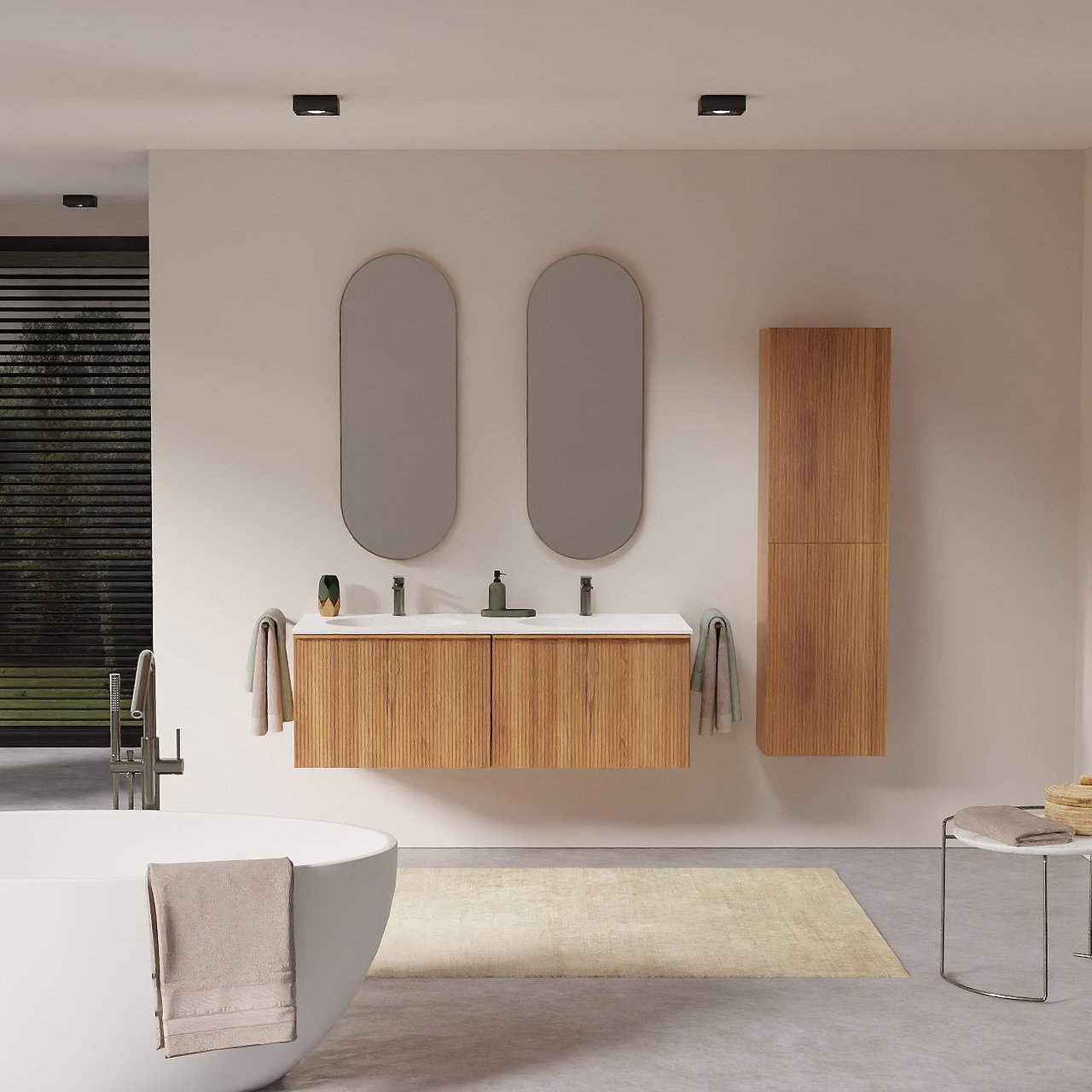 Balmani Forma zwevend badkamermeubel 135 x 55 cm teak met Tablo Oval dubbele wastafel in solid surface mat wit, Verticale symmetrische rechte ribbel