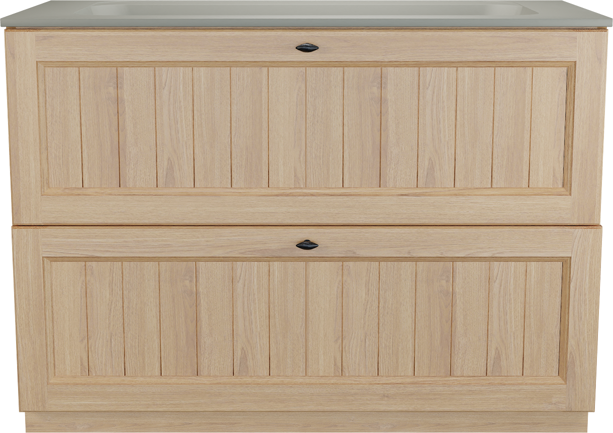 Balmani Lemon staand badkamermeubel 120 x 55 cm, fineer natuur eik met Tablo Strada enkele wastafel voor 2 kraangaten in zijdegrijs