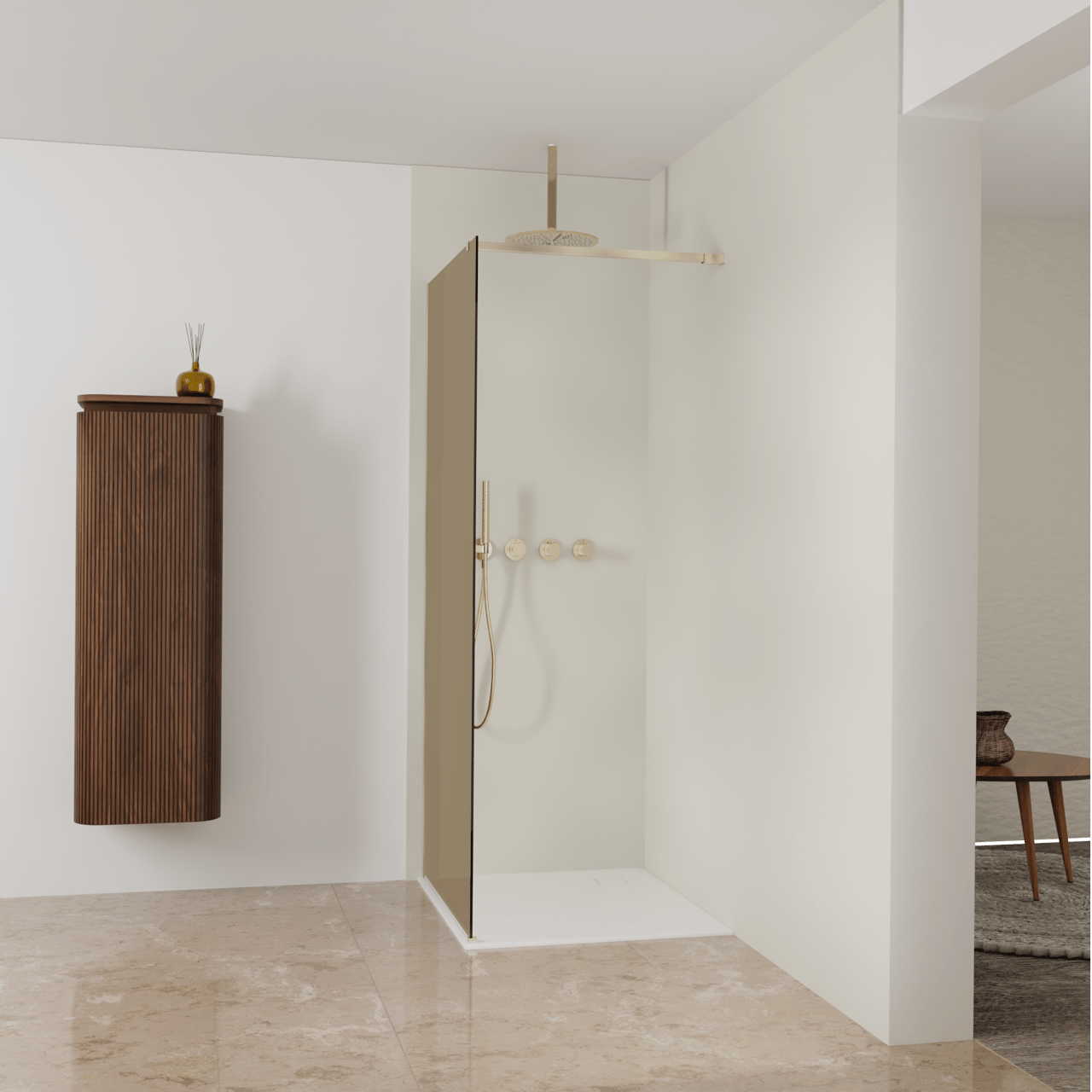 Balmani Modular Walk-In Dusche: 90 x 200 cm, Bronze Glas, Profil Brushed Champagne Gold