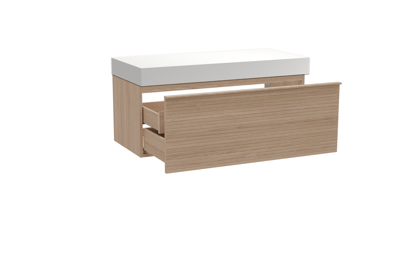 Balmani Forma zwevend badkamermeubel 120 x 55 cm natuur eik met Dominus enkel of dubbel tablet in solid surface mat wit, Horizontale symmetrische rechte ribbel