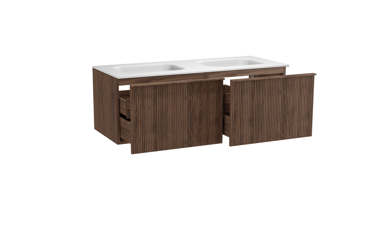 Balmani Forma zwevend badkamermeubel 135 x 55 cm amerikaanse notelaar met Tablo Arcato dubbele wastafel in solid surface mat wit, Verticale symmetrische rechte ribbel