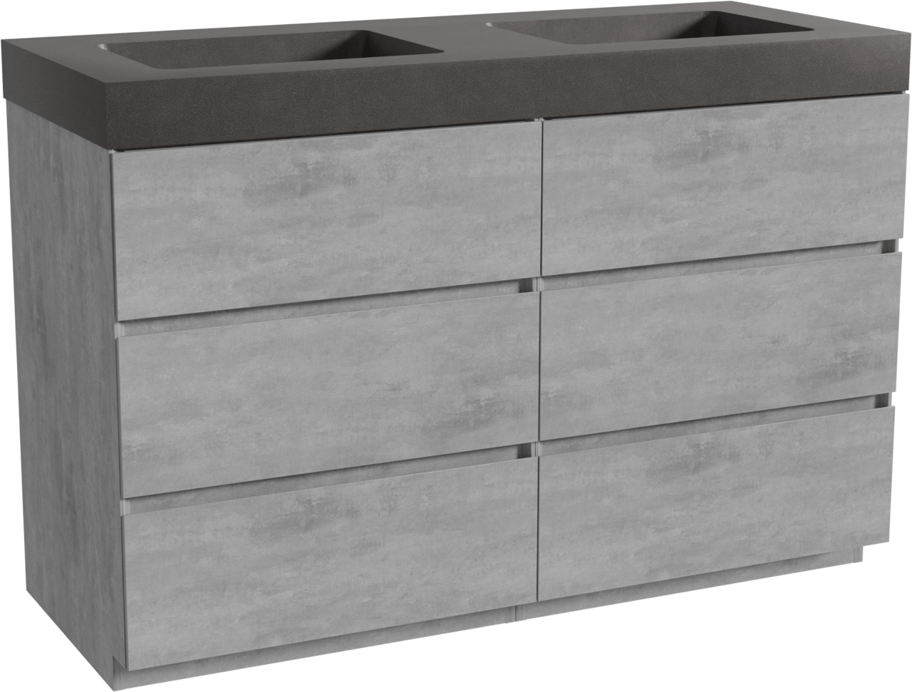 Storke Edge staand badkamermeubel 130 x 52 cm beton donkergrijs met Scuro High dubbele wastafel in kwarts mat zwart