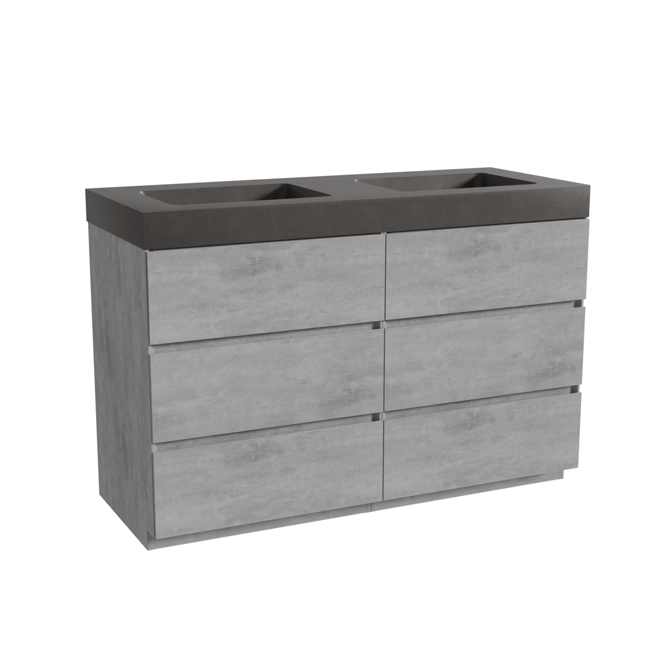 Storke Edge staand badkamermeubel 130 x 52 cm beton donkergrijs met Scuro High dubbele wastafel in kwarts mat zwart