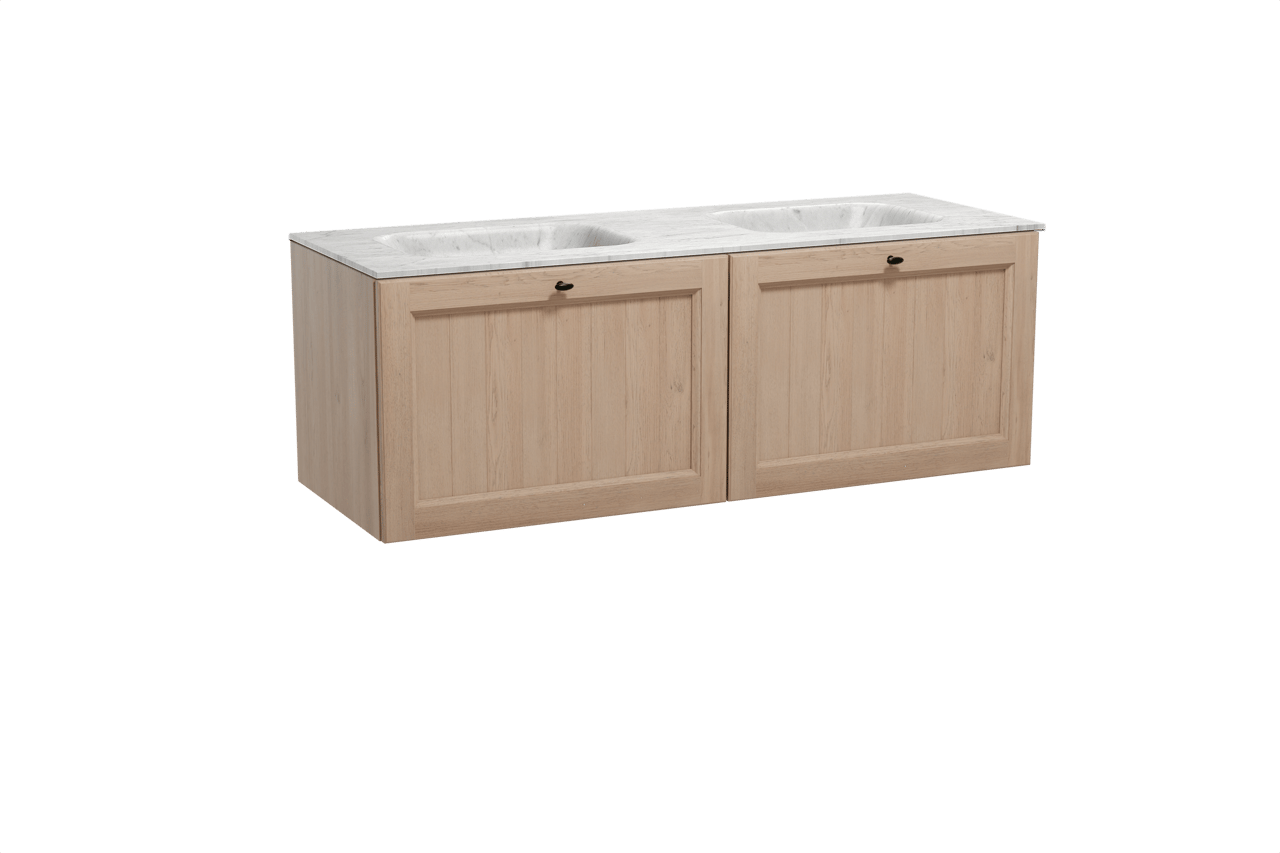 Balmani Lemon hängendes Möbelstück Set: 150 x 55 cm, Verwitterte Eiche, mit Tablo Arcato Doppelwaschtisch, Marmor Carrara