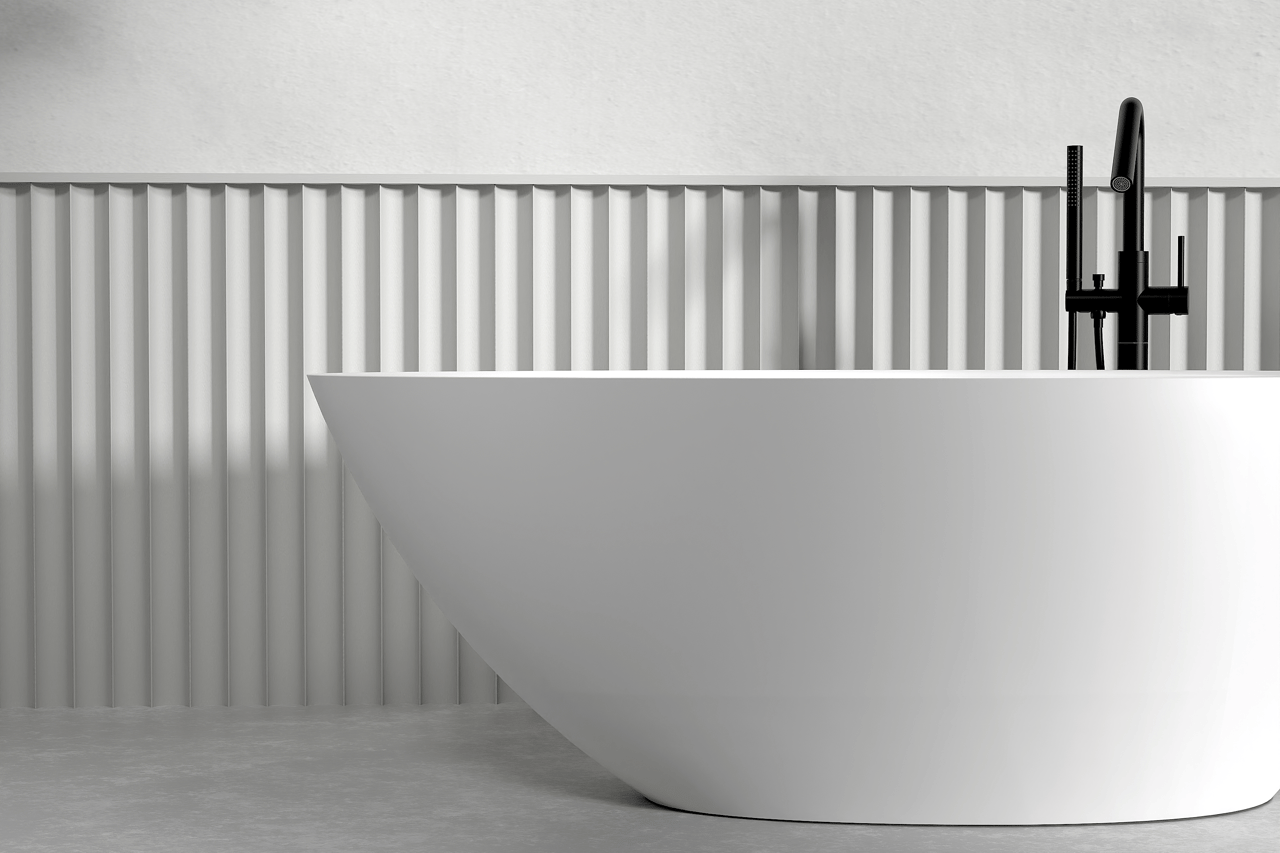 Balmani Colea Freistehende Badewanne 160 x 86 cm solid surface weiß matt mit integrierte Ablage