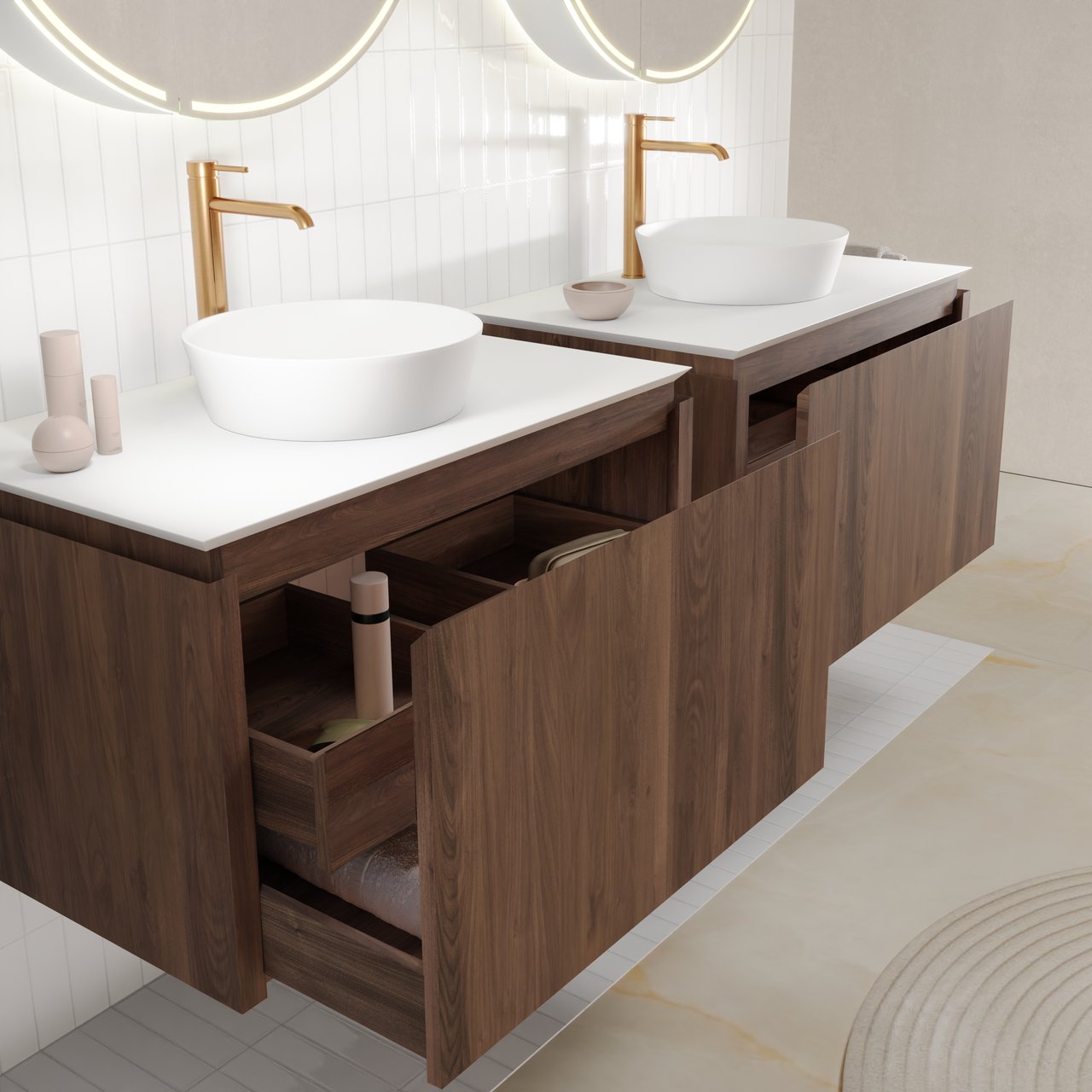 Balmani Eclips hängendes Möbelstück Set: 90 x 55 cm, Amerikanischer Nussbaum, mit Eclips Einzel Waschtischplatte Solid Surface Weiβ matt