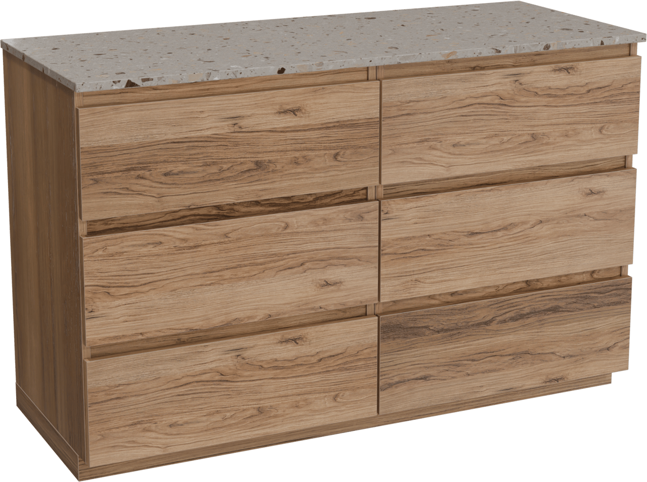 Balmani Lucida staand badkamermeubel 135 x 55 cm teak met Stretto enkel of dubbel tablet in terrazzo greige terrazzo