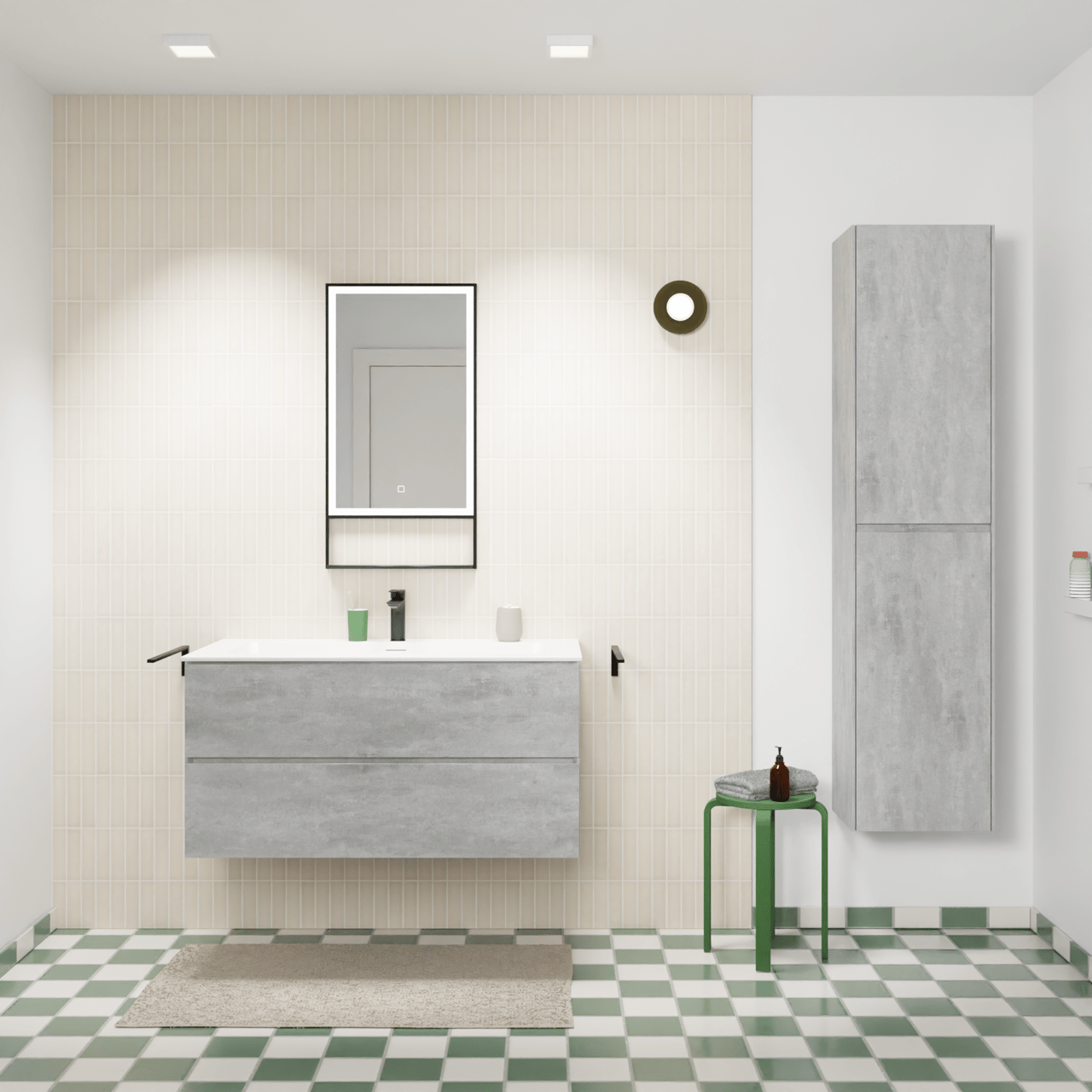 Storke Edge zwevend badkamermeubel 105 x 52 cm beton donkergrijs met Mata enkele wastafel voor 2 kraangaten in solid surface mat wit