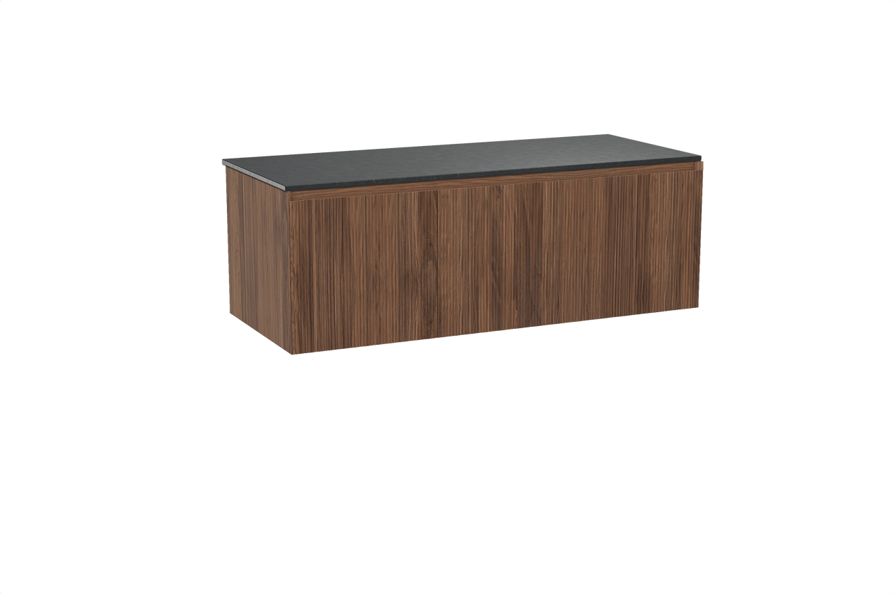 Balmani Fila hängendes Möbelstück Set: 135 x 55 cm, Nussbaum, mit Stretto Einzel- oder Doppel Waschtischplatte, Granit, Schwarzes Granit, Vertikale symmetrische gerade Rippe