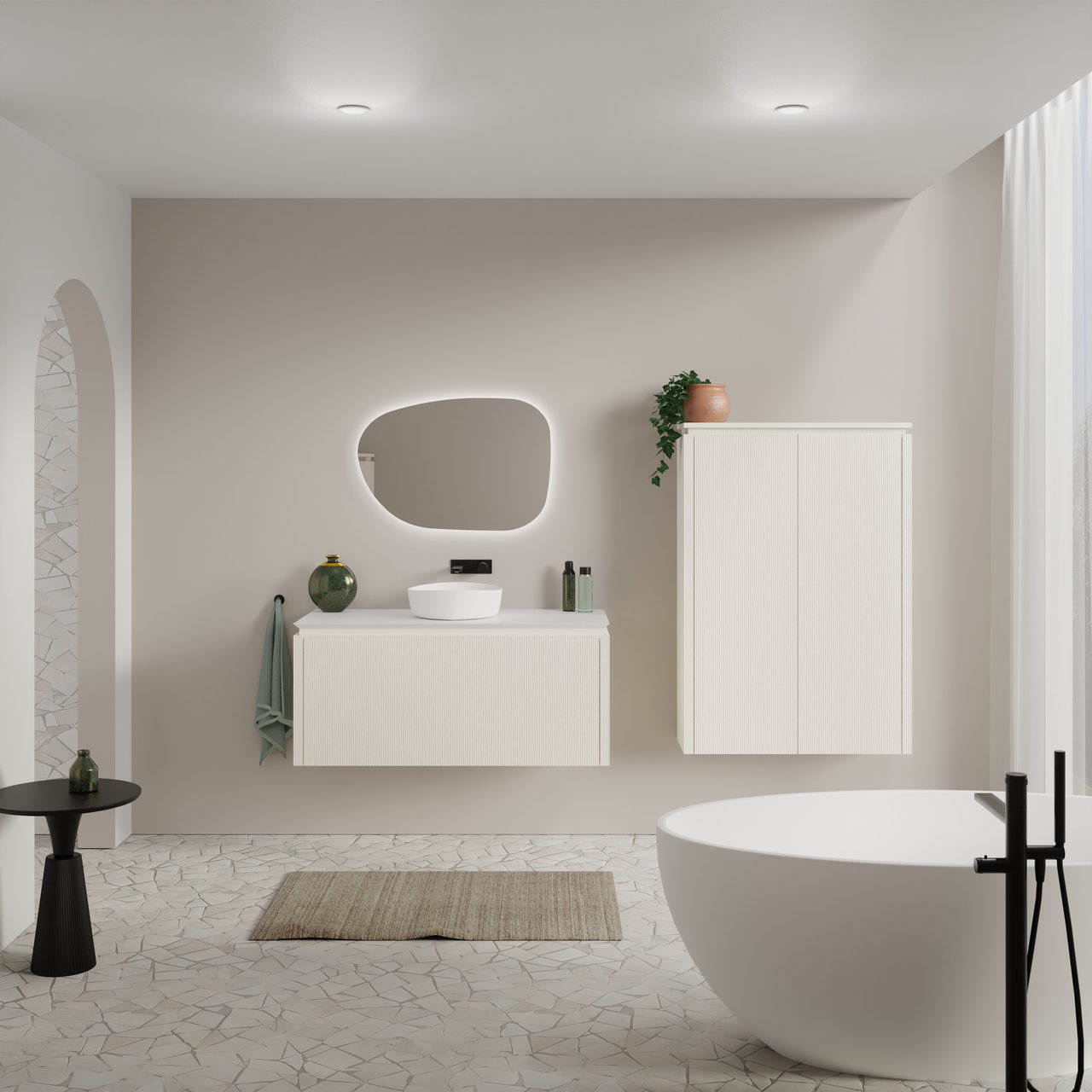 Balmani Eclips meuble salle de bains suspendu 120 x 55 cm Sandbeige avec Eclips tablette simple ou double en Solid Surface blanc mat, Nervure droite symétrique verticale