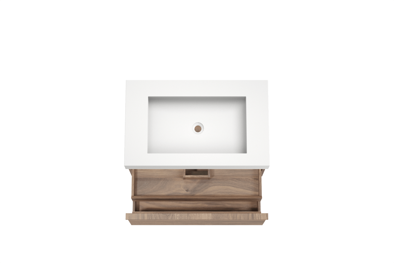 Balmani Forma zwevend badkamermeubel 90 x 55 cm amerikaanse notelaar met Modus enkele wastafel in solid surface mat wit, Horizontale symmetrische rechte ribbel