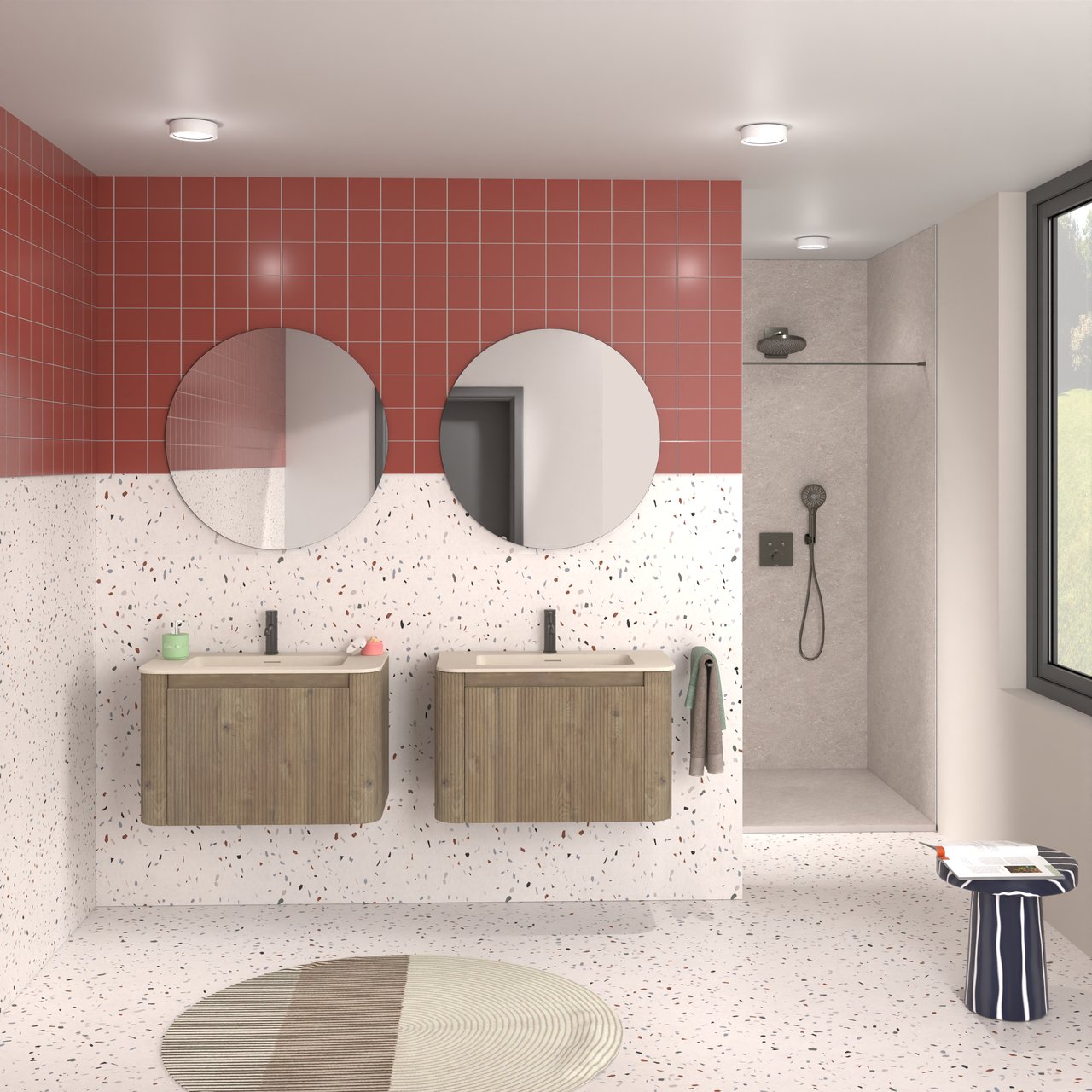 Storke Soft zwevend badkamermeubel 80 x 46 cm ruwe eik met Mata Soft enkele wastafel in solid surface beige granita, Verticale symmetrische rechte ribbel