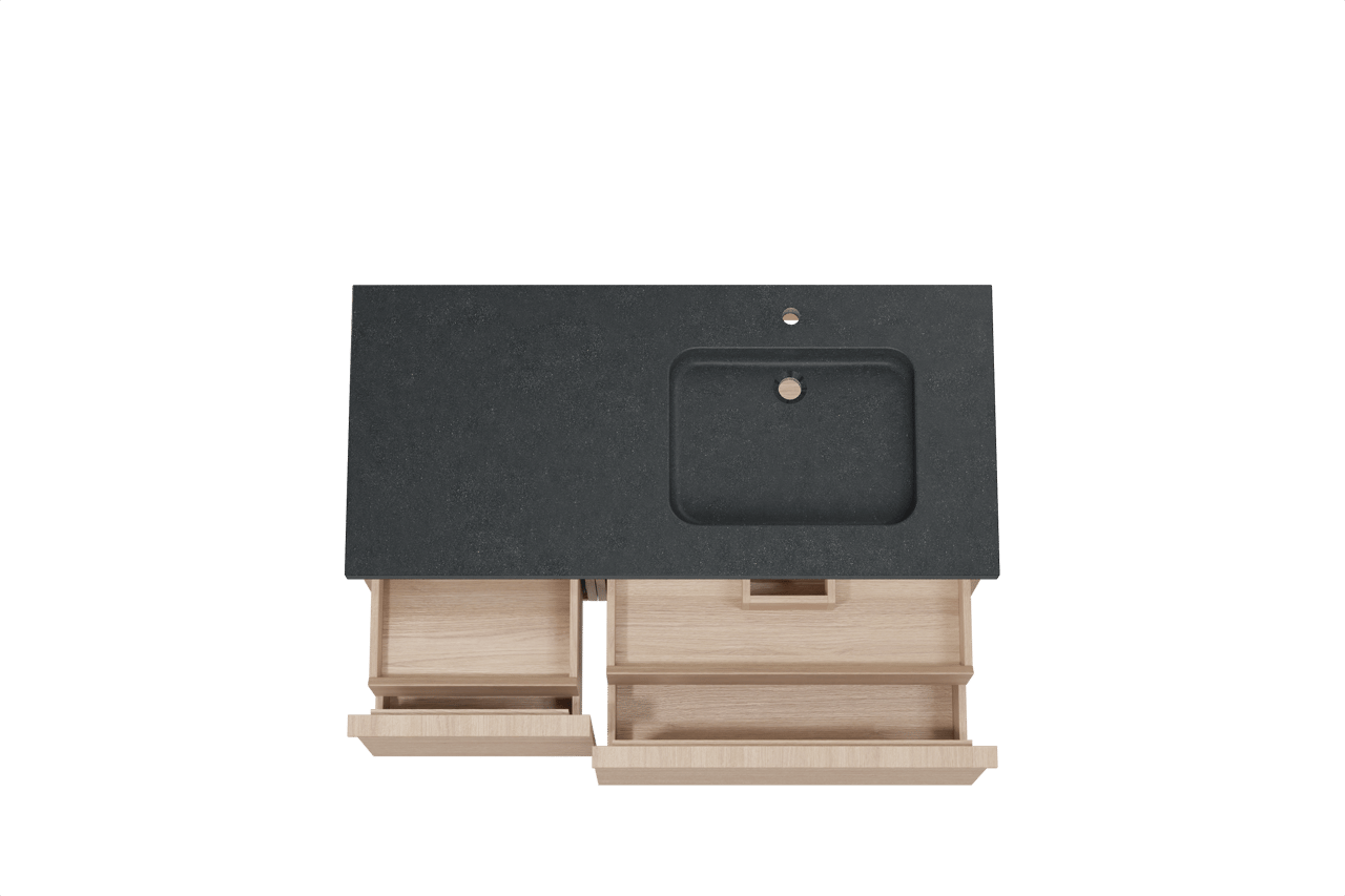 Balmani Forma zwevend badkamermeubel 120 x 55 cm natuur eik met Napoli asymmetrisch rechtse wastafel in graniet zwart, Horizontale symmetrische rechte ribbel