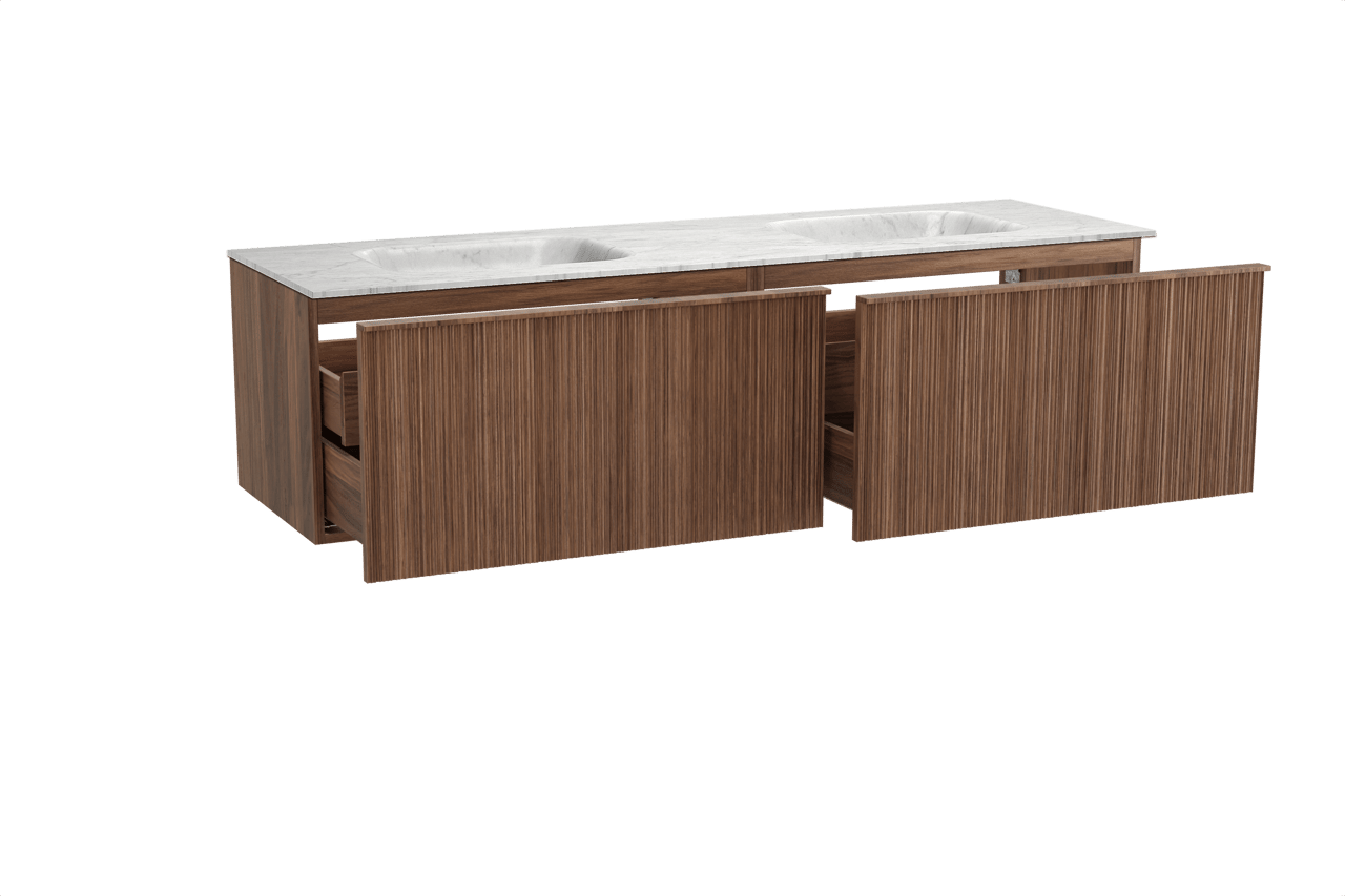Balmani Forma zwevend badmeubel 180 x 55 cm amerikaans notenhout met Tablo Arcato dubbele wastafel in marmer carrara, Verticale asymmetrische ronde ribbel