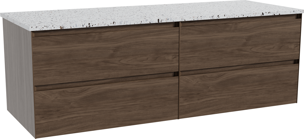 Balmani Mitra hängendes Möbelstück Set: 150 x 55 cm, Amerikanischer Nussbaum, mit Stretto Einzel- oder Doppel Waschtischplatte, Terrazzo in Weiß/Schwarz matt