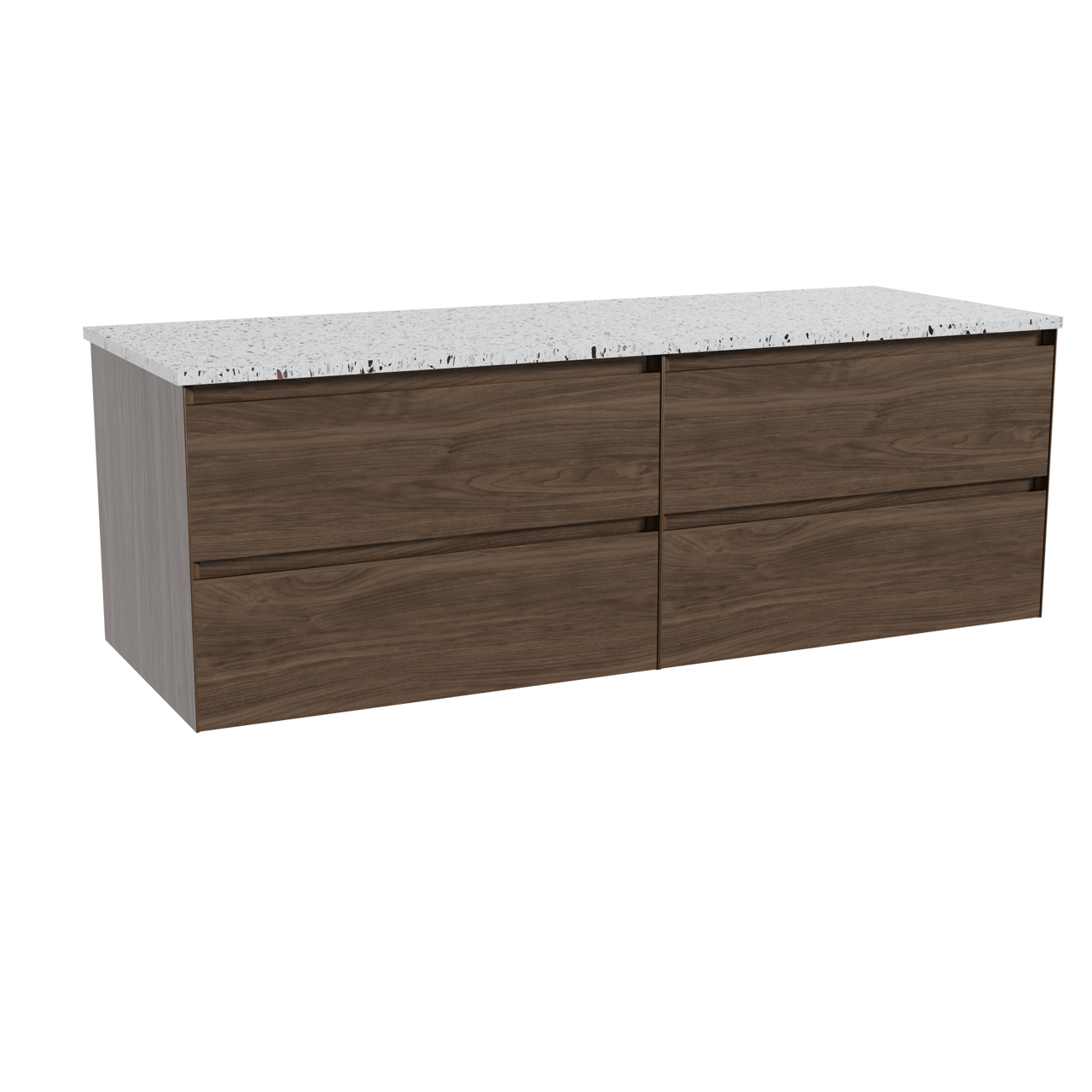 Balmani Mitra hängendes Möbelstück Set: 150 x 55 cm, Amerikanischer Nussbaum, mit Stretto Einzel- oder Doppel Waschtischplatte, Terrazzo in Weiß/Schwarz matt