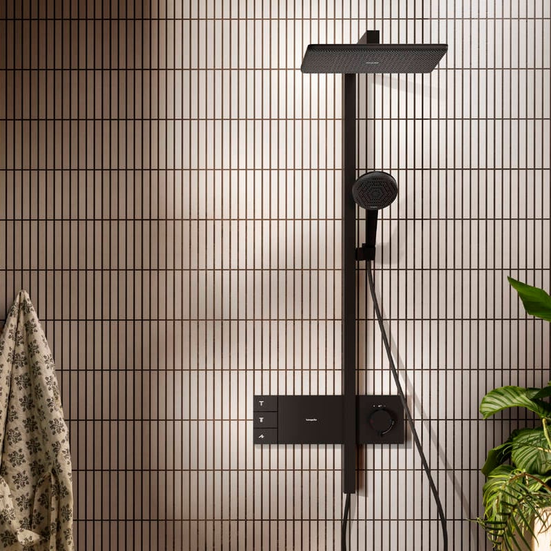 Hansgrohe Raindance Alive Q Showerpipe Duschsystem 210/340 2jets mit Ecosmart Showerselect Comfort, Schwarz Matt