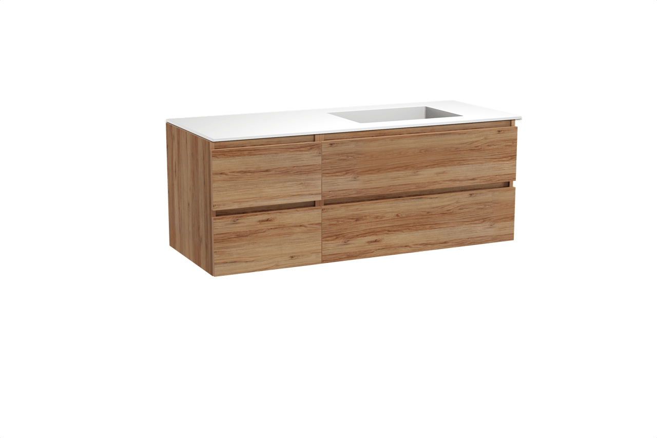 Balmani Lucida hängendes Möbelstück Set: 135 x 55 cm, Teak, mit Tablo Stretto Waschtisch rechts, Solid Surface Weiß matt