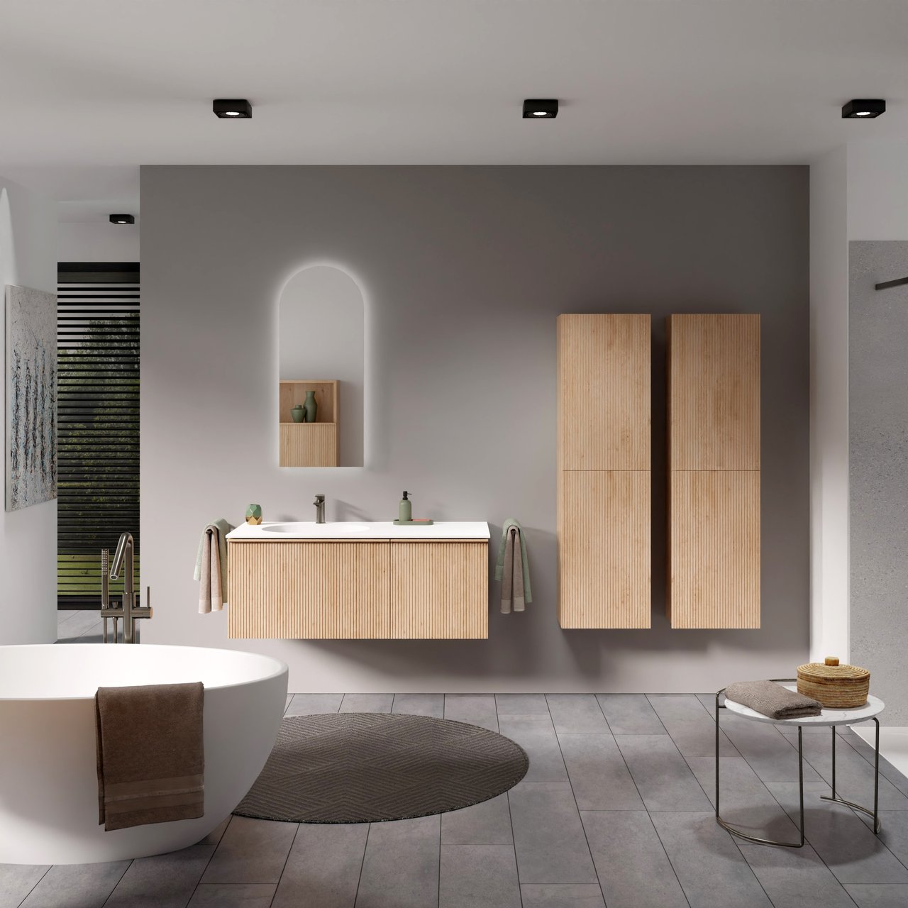 Balmani Forma hängendes Möbelstück Set: 120 x 55 cm, Naturbelassene Eiche, mit Tablo Oval Waschtisch links, Solid Surface, Weiß matt, Vertikale symmetrische gerade Rippe