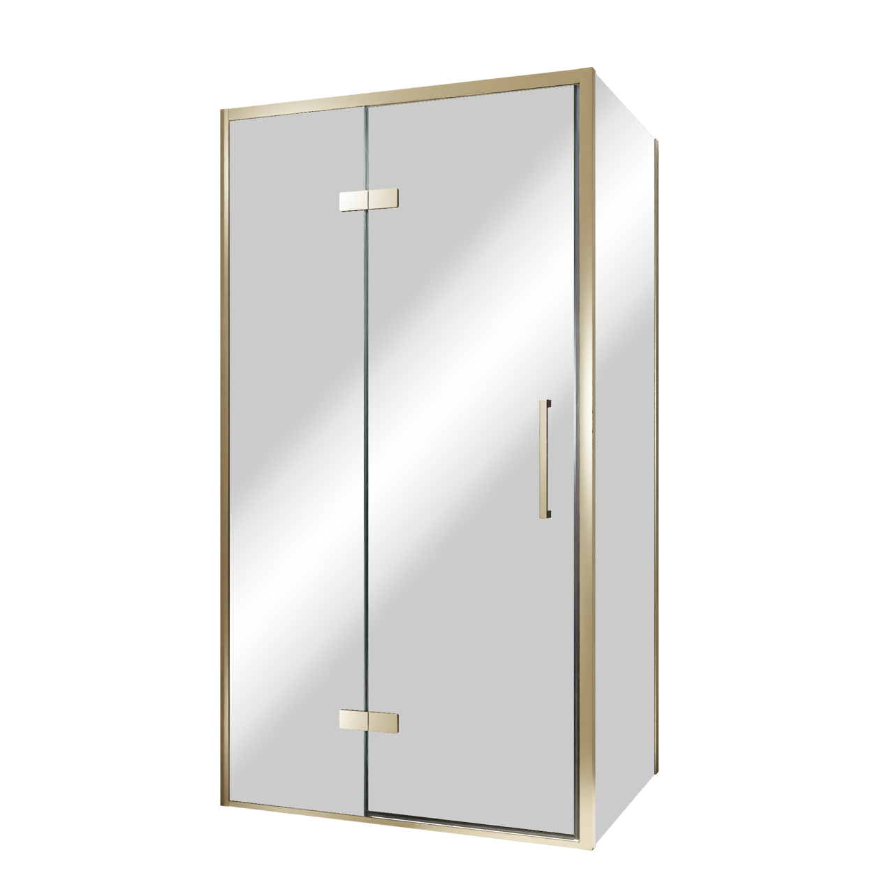 Balmani Senses Design douche en coin avec porte pivotante à gauche et paroi latérale fixe, 100 x 100 cm, Miroir Reflex, Profil Brushed Champagne Gold, coating inclus