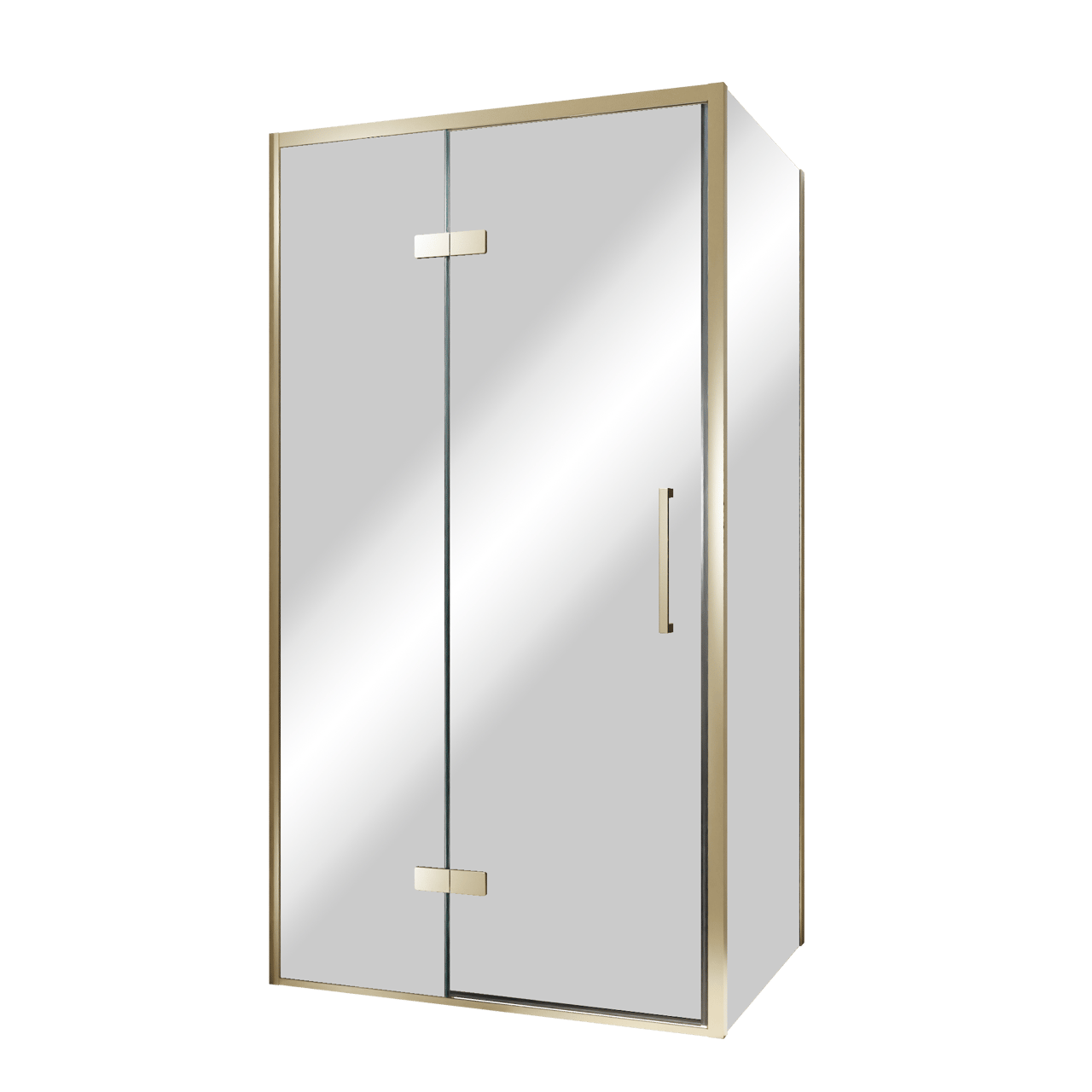 Balmani Senses Design Eckdusche: Drehtür (Links) mit fixierte Seitenwand, 100 x 80 cm, Reflex-Spiegelglas, Profil Brushed Champagner Gold, inklusive Coating