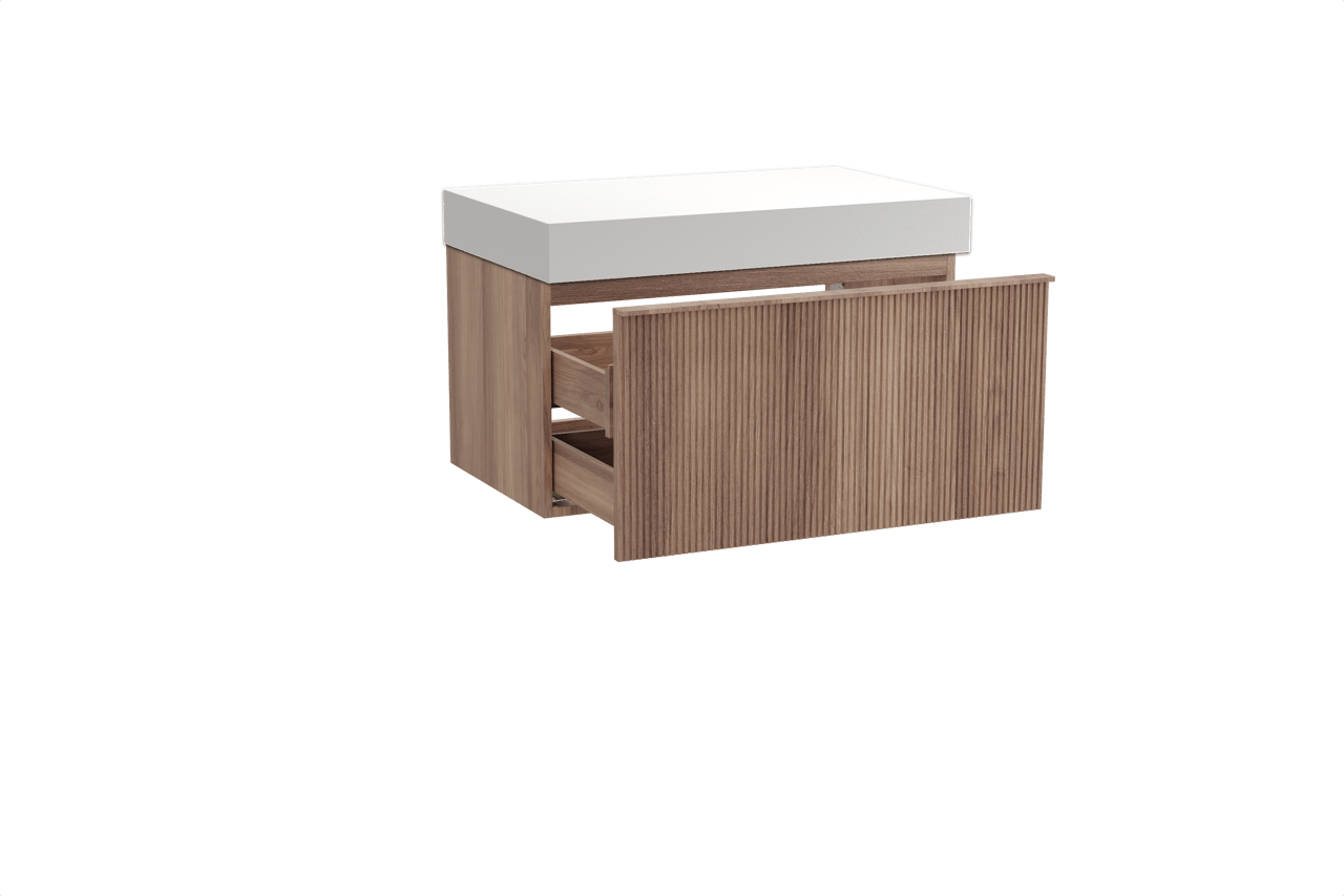 Balmani Forma zwevend badkamermeubel 90 x 55 cm teak met Dominus enkel tablet in solid surface mat wit, Verticale symmetrische rechte ribbel