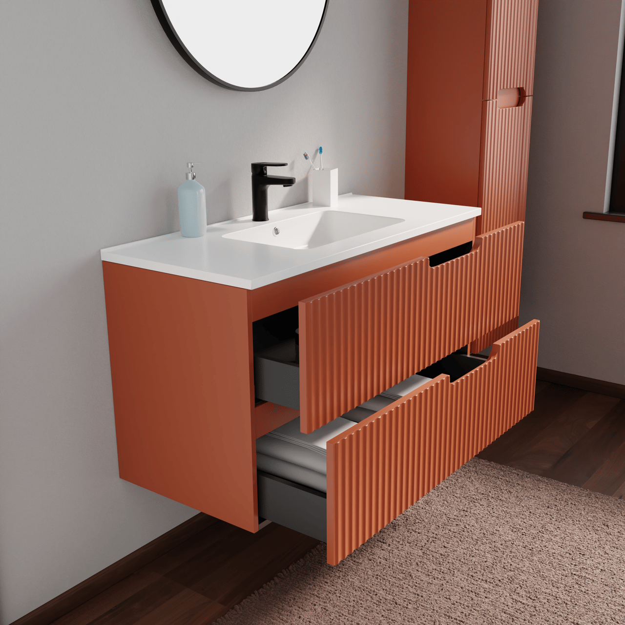 Linie Ribbo meuble salle de bains suspendu 100 x 46 cm cotto avec Vano plan simple en marbre composite blanc brillant, Nervure circulaire symétrique verticale