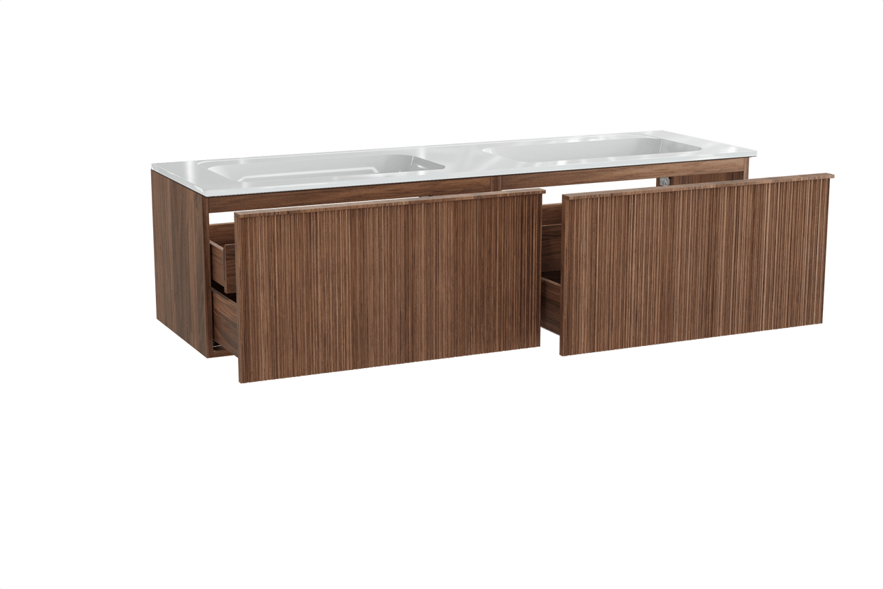 Balmani Forma meuble salle de bains suspendu 180 x 55 cm noyer américain avec Tablo Strada double vasque en marbre composite blanc brillant, Nervure circulaire asymétrique verticale